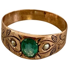 Victorian Oval Emerald and Seed Pearl 14 Karat Rose Gold Band Ring