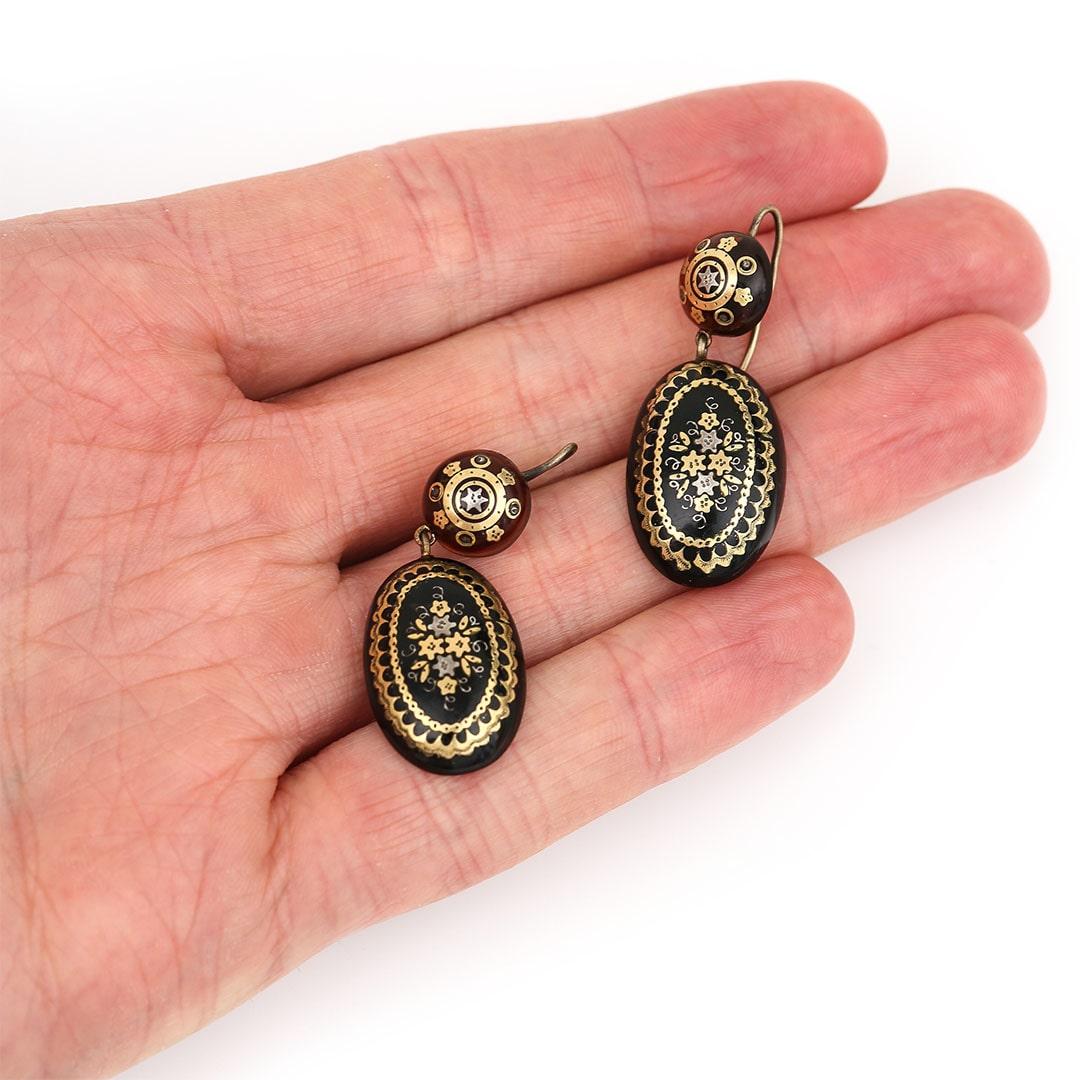 Victorian Oval Gold and Silver Pique Floral Drop Earrings Circa 1880 1