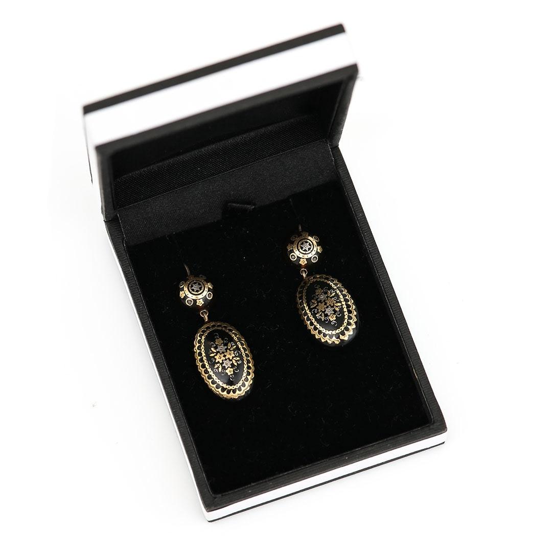 Victorian Oval Gold and Silver Pique Floral Drop Earrings Circa 1880 3