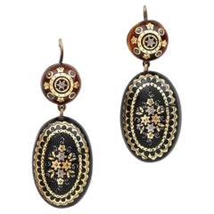 Victorian Oval Gold and Silver Pique Floral Drop Earrings Circa 1880