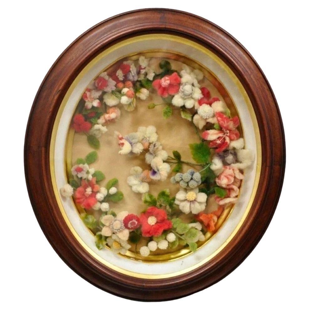 Victorian Oval Mahogany Shadow Box Frame Felt Cotton Flower Mourning Wall Wreath