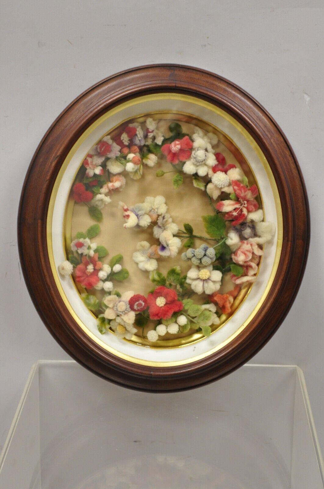 Victorian Oval Mahogany Shadow Box Frame Felt Cotton Flower Mourning Wreath For Sale 5