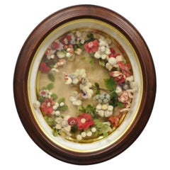 Used Victorian Oval Mahogany Shadow Box Frame Felt Cotton Flower Mourning Wreath