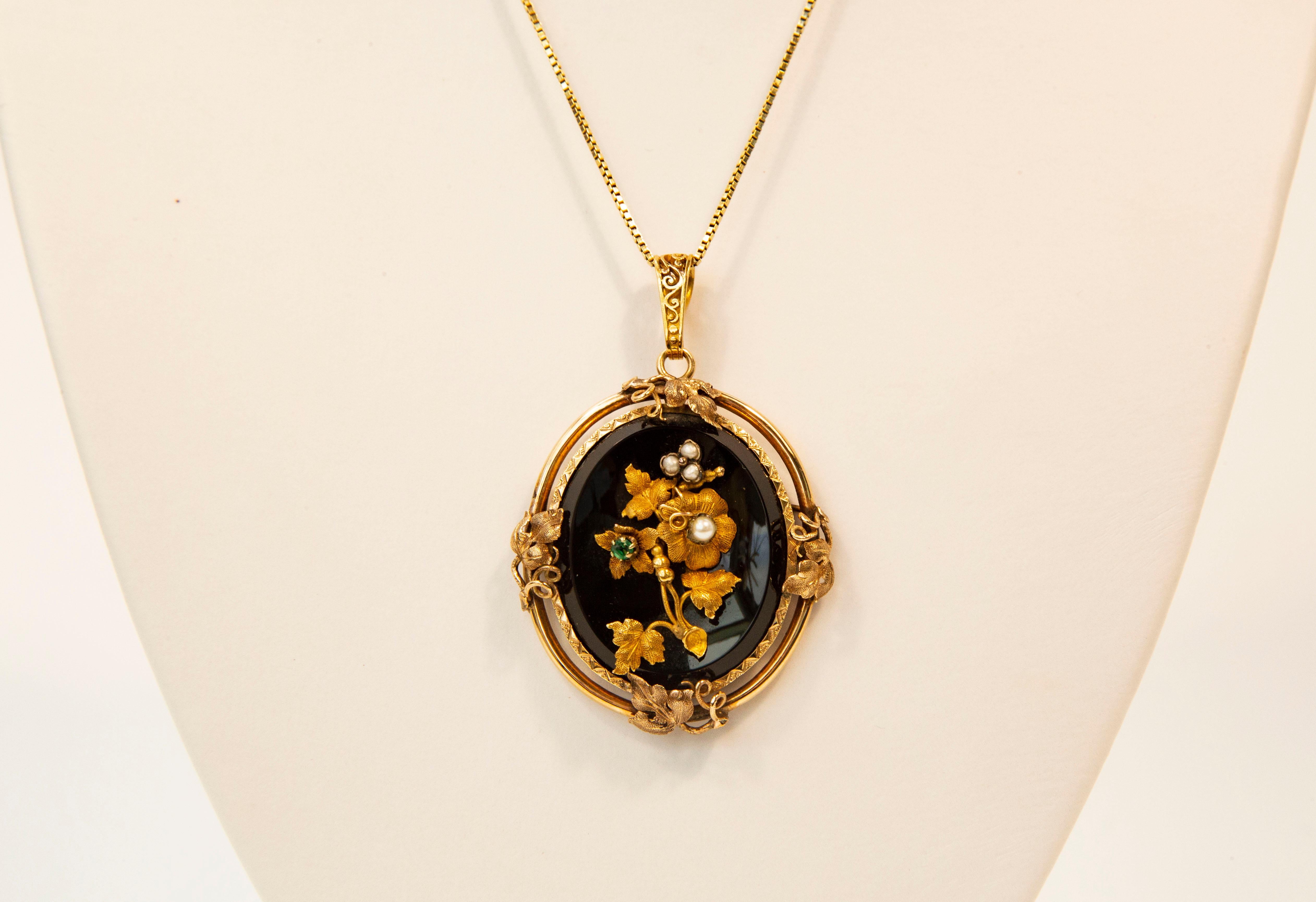 Victorian Oval Onyx Pearl Emerald Mourning Pendant Necklace For Sale 5
