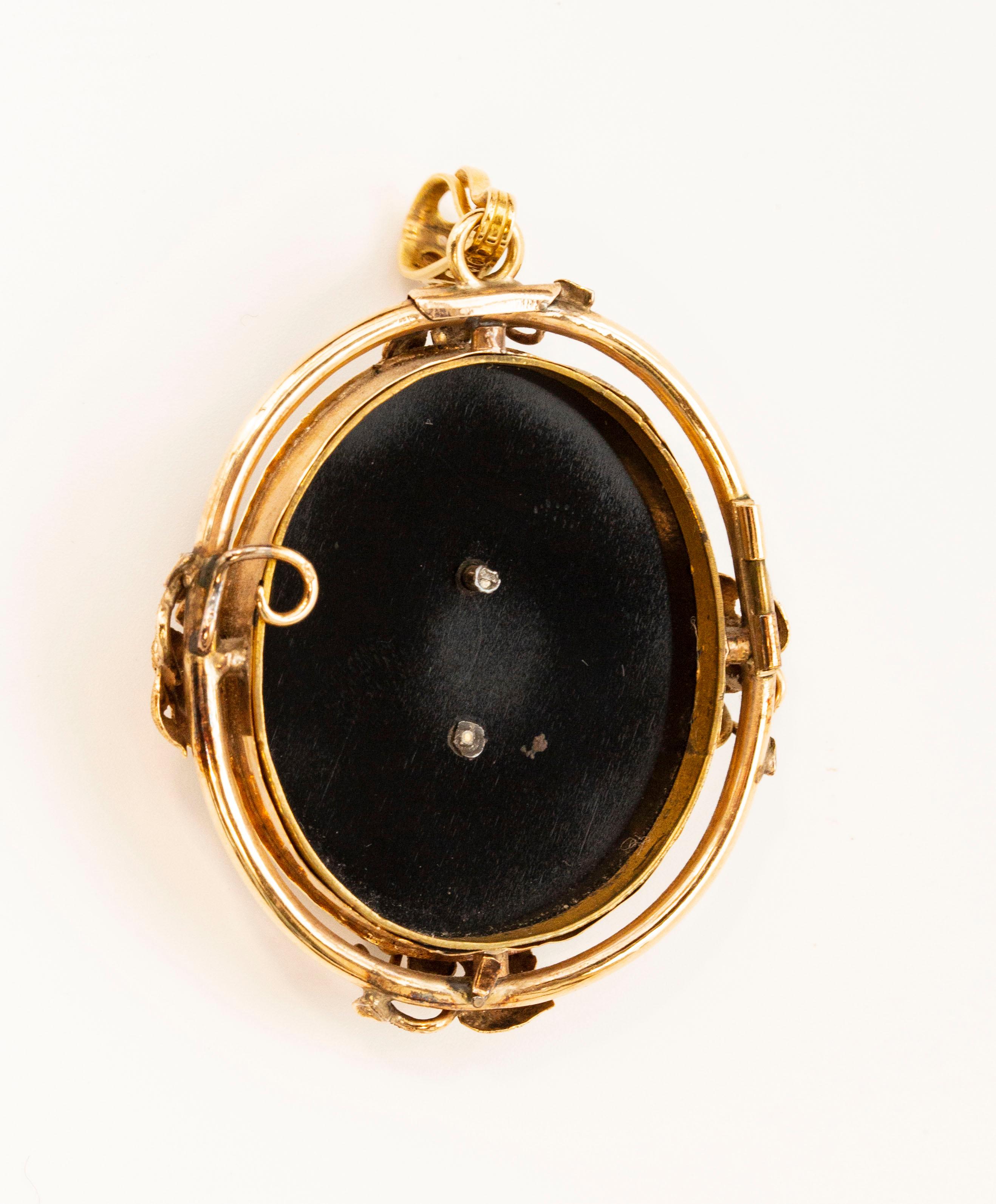 Victorian Oval Onyx Pearl Emerald Mourning Pendant Necklace For Sale 2