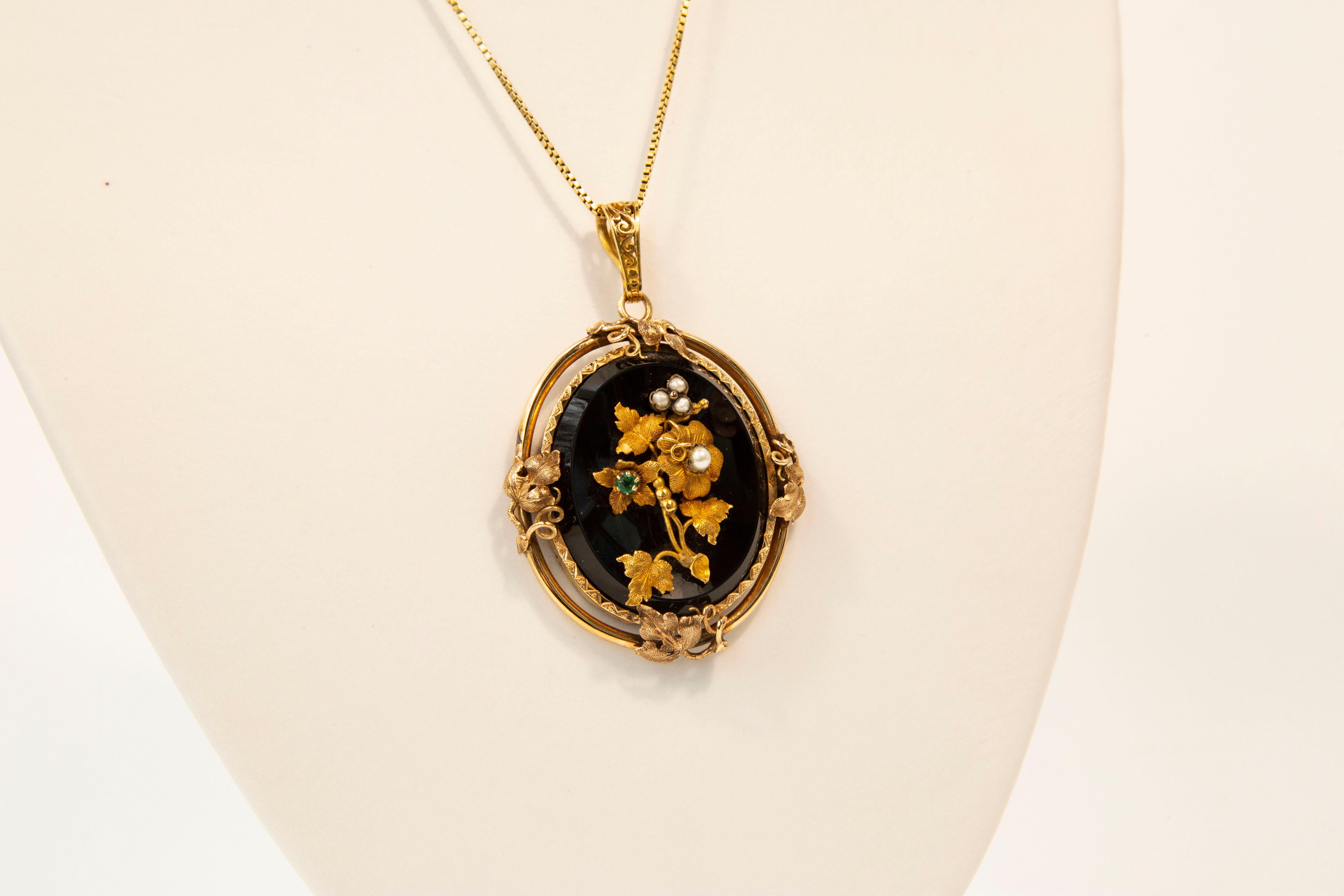 Victorian Oval Onyx Pearl Emerald Mourning Pendant Necklace For Sale 3