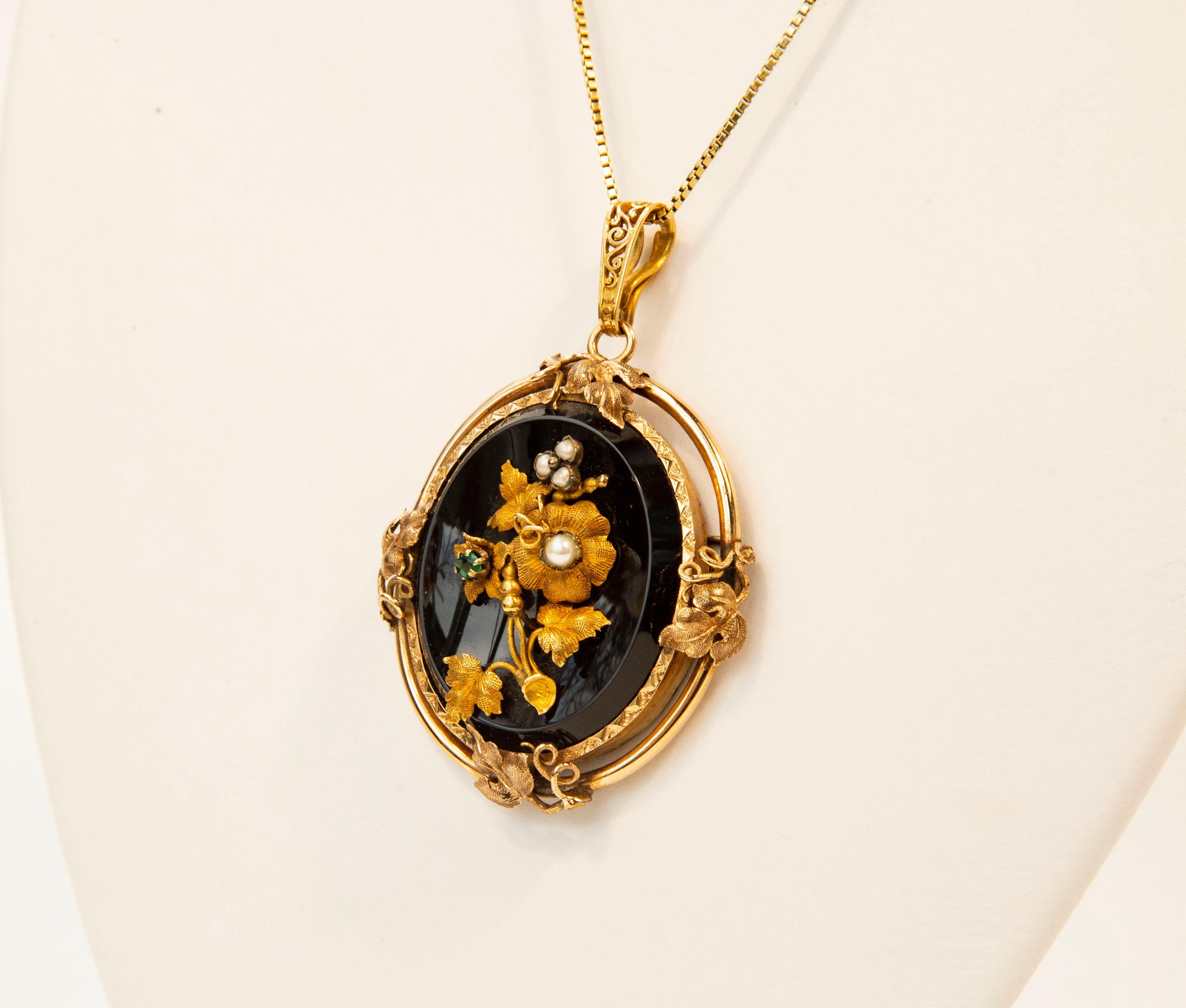Victorian Oval Onyx Pearl Emerald Mourning Pendant Necklace For Sale 4