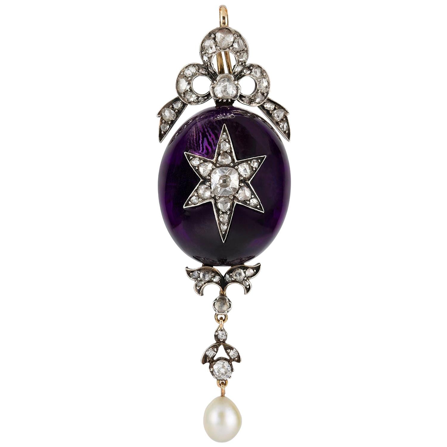 Victorian Oval-Shaped Amethyst and Diamond Pendant For Sale