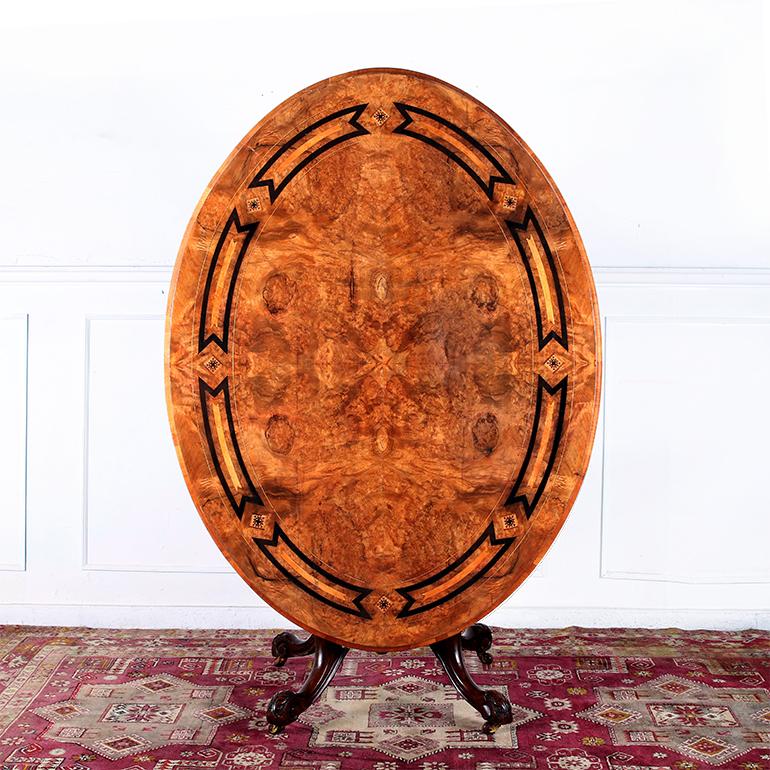 English Victorian Oval Tilt Top Dining or Cards Table with Parquetry Design For Sale