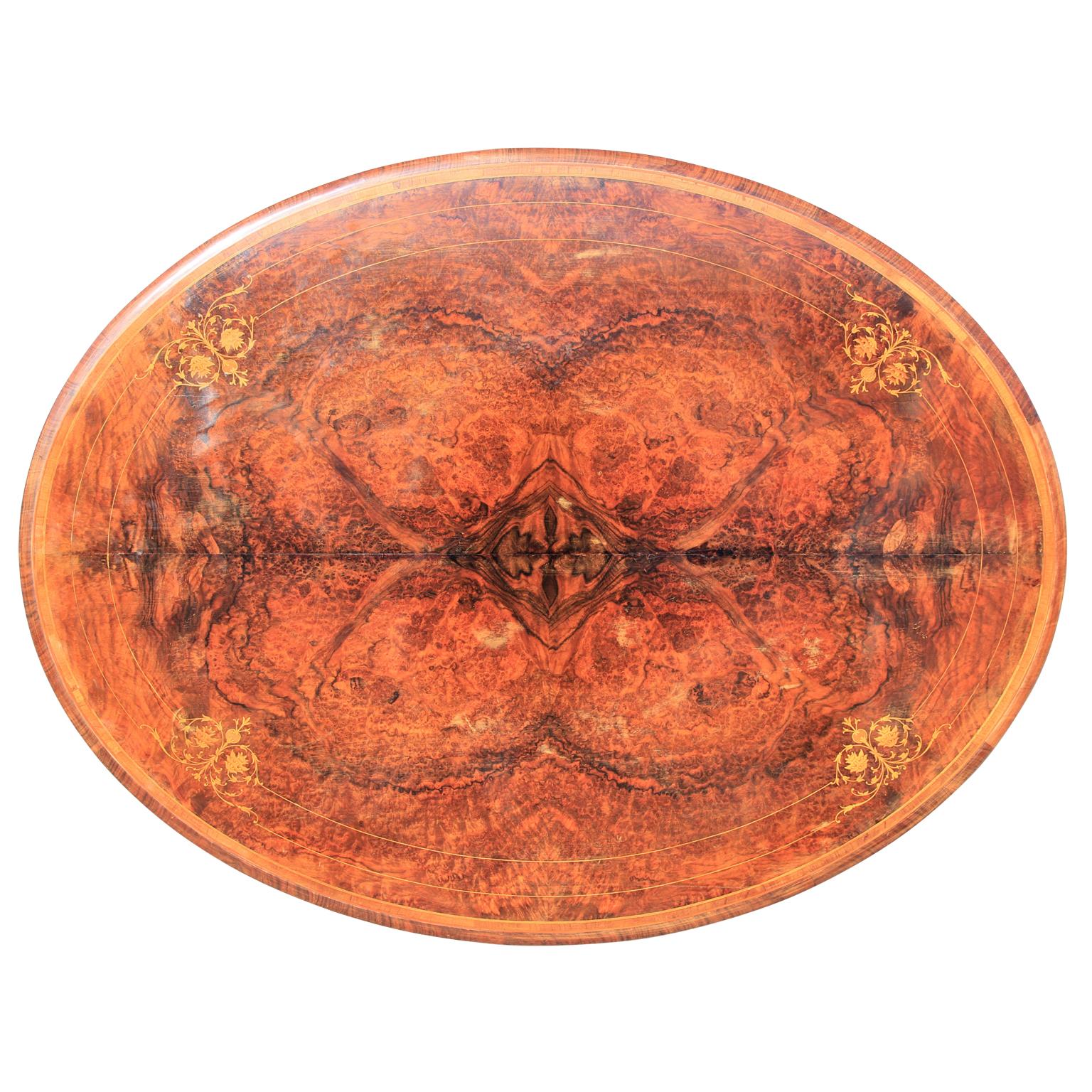 Inlay Victorian Oval Walnut and Satinwood Inlaid and Hand-Carved Oval Tilt-Top Table