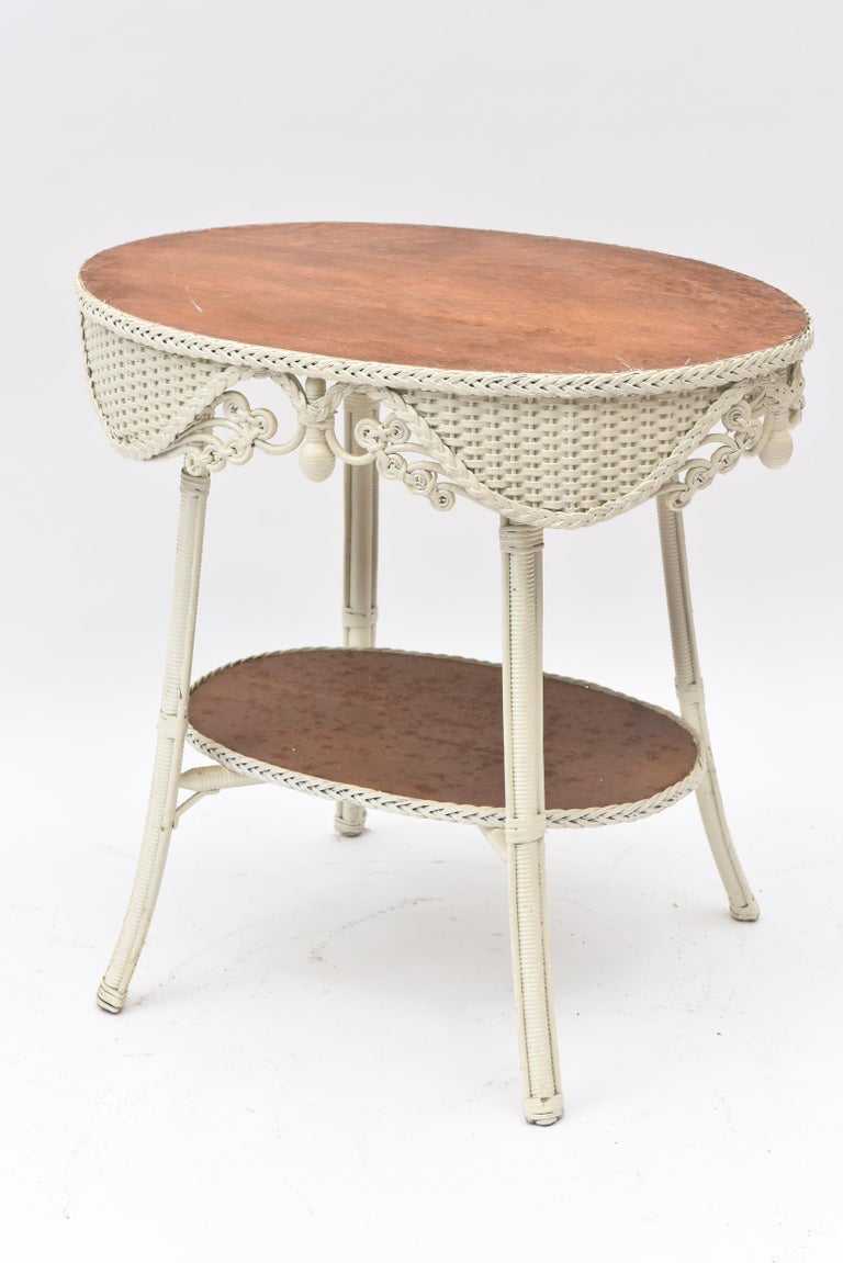 Victorian Oval Wicker Table with TwoTier Wood Tops at 1stDibs