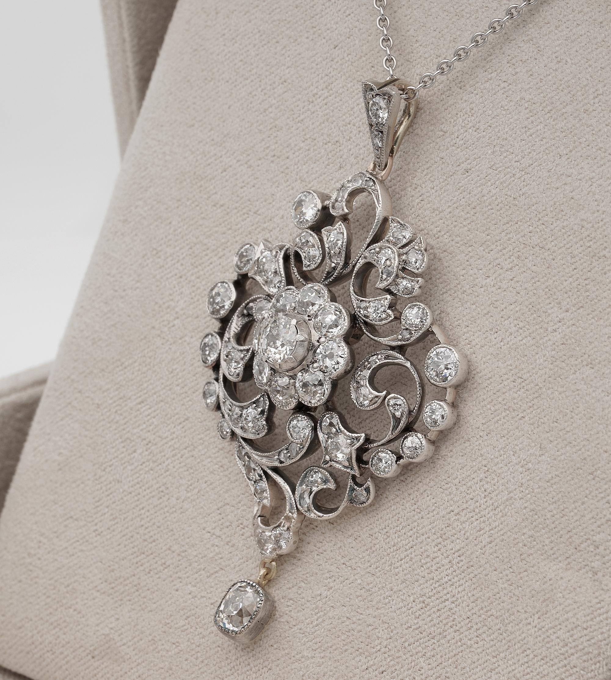 Women's or Men's Victorian Over 4.0 Carat Old Mine Diamond Rare Glittering Pendant For Sale