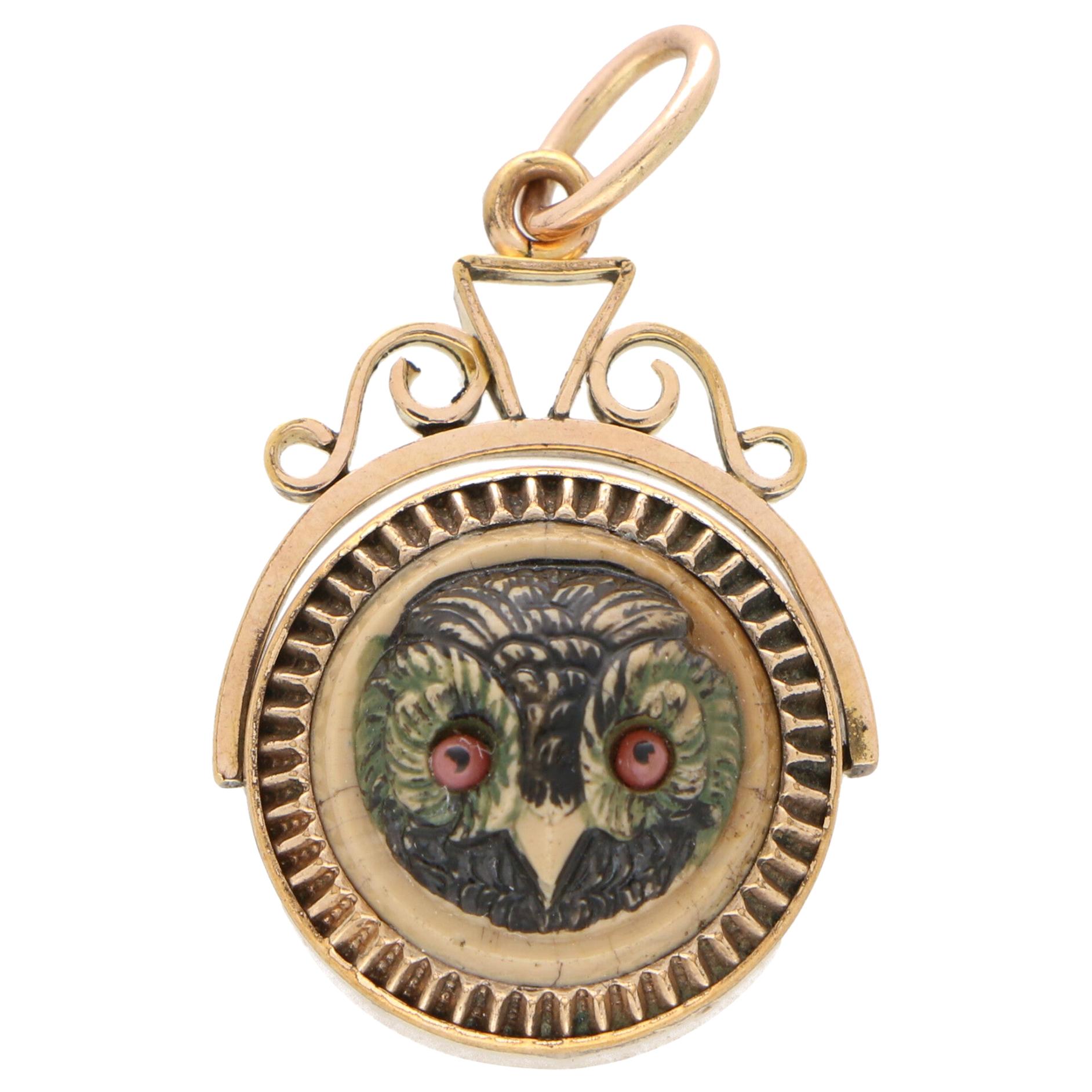 VIctorian Owl Fob Pendant Set with Agate in Gold