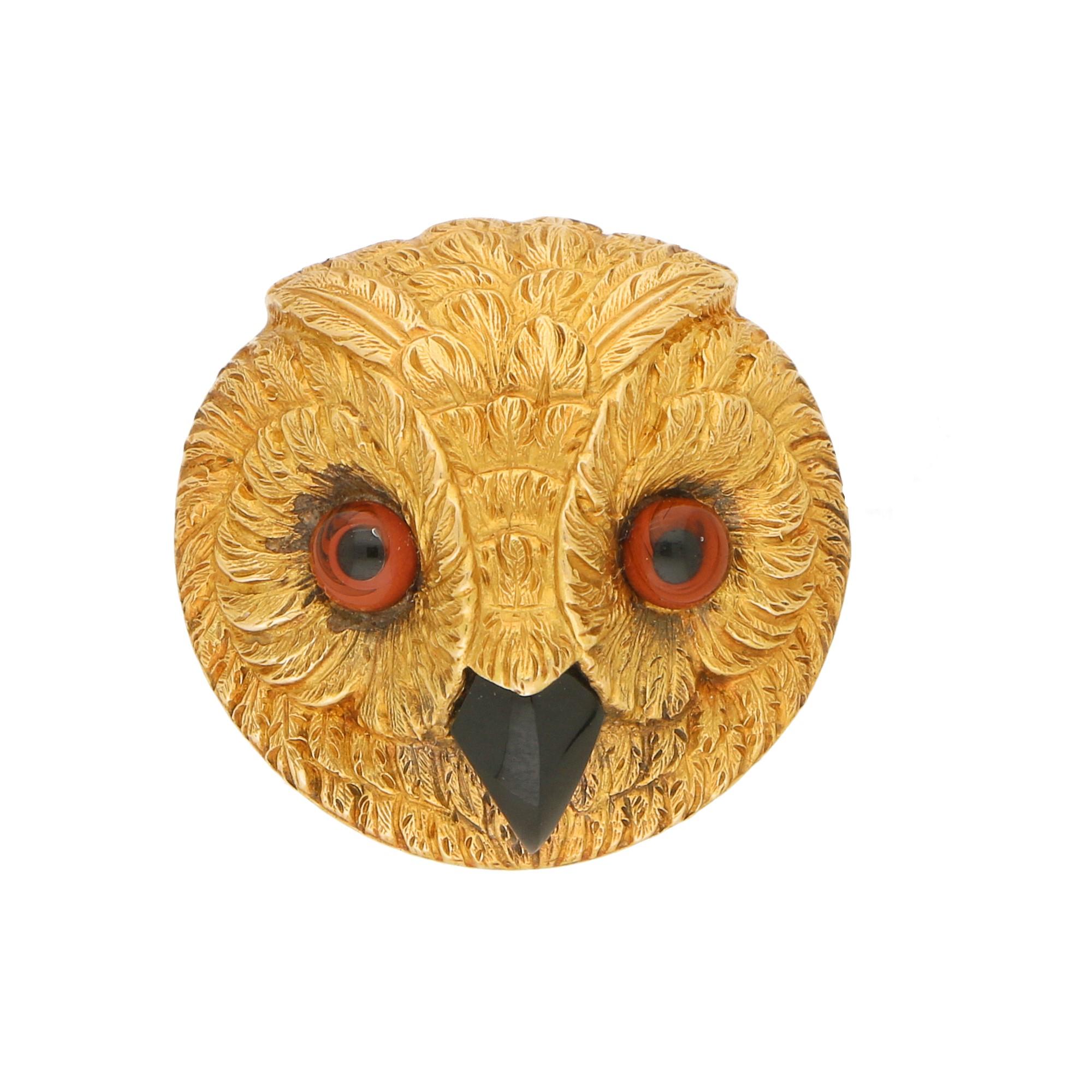 Women's or Men's Victorian Owl Head Brooch in 9k Yellow Gold, circa 1880