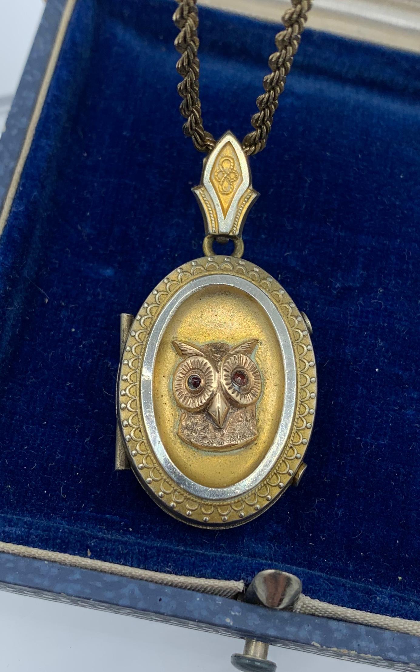 Victorian Owl Locket Necklace Eyes Etruscan Revival For Sale at