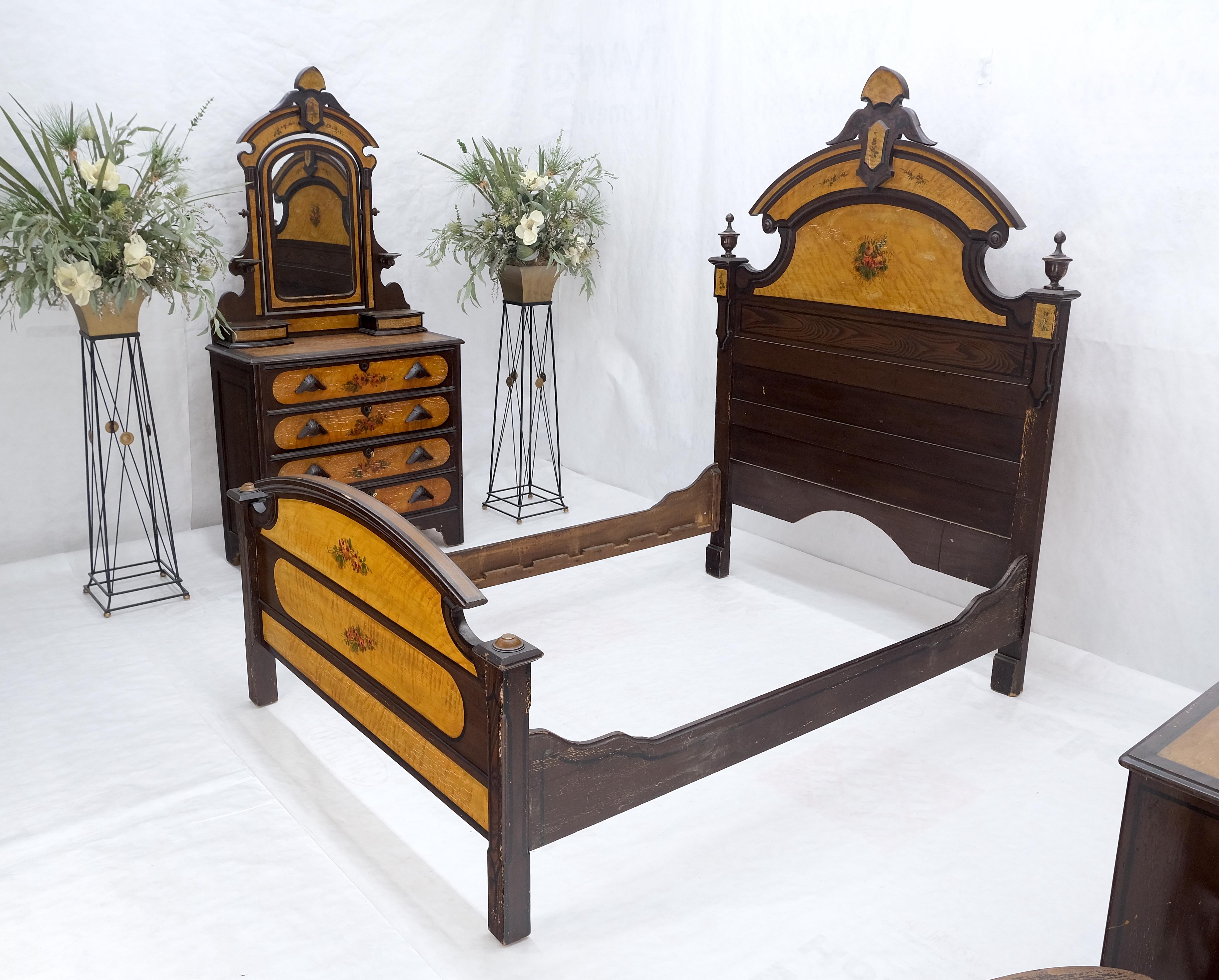 Victorian Painted Bedroom Dresser Mirror King Bed Headboard Rocking Chair Set  For Sale 8