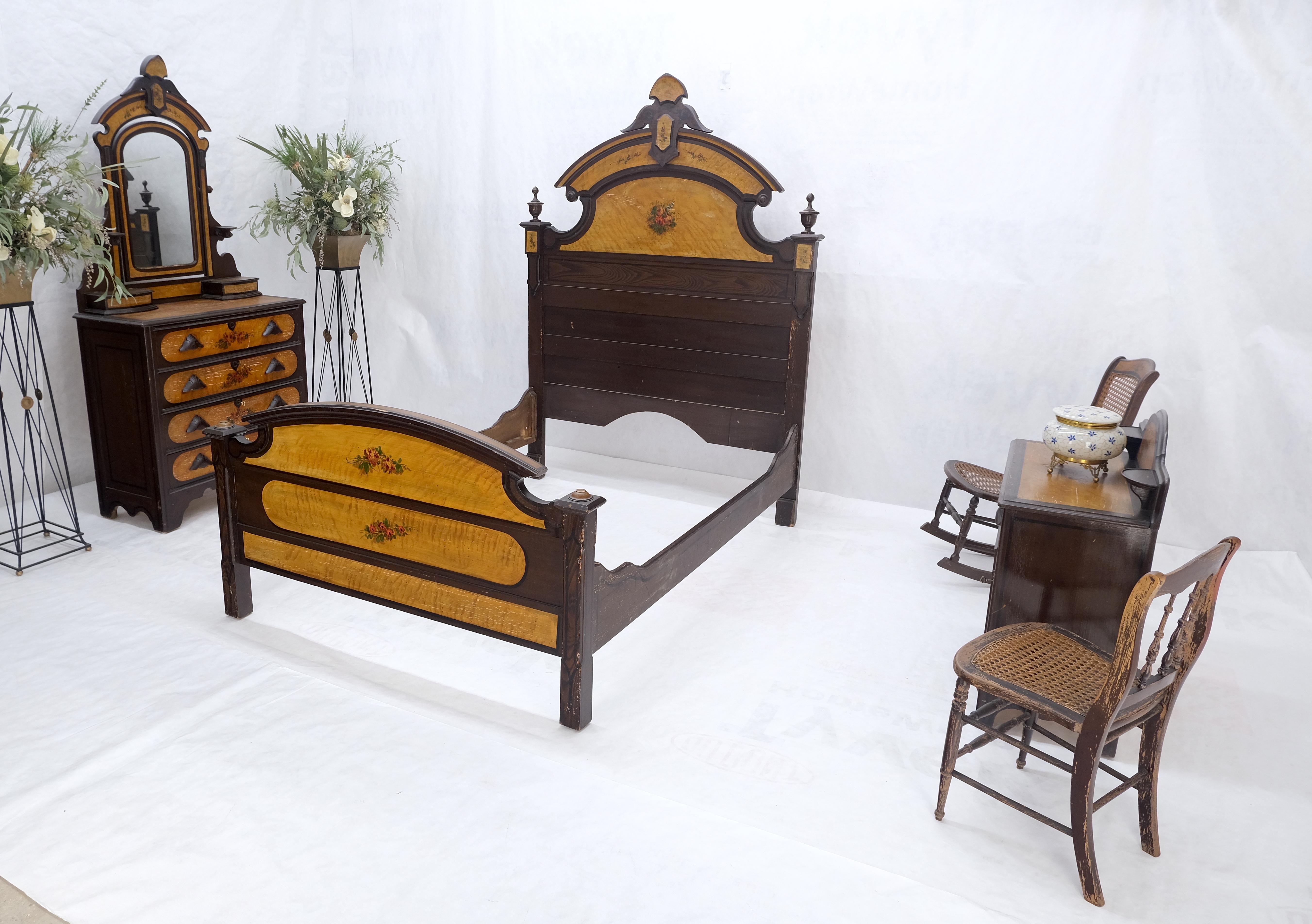 Victorian Painted Bedroom Dresser Mirror King Bed Headboard Rocking Chair Set  For Sale 9