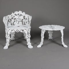 Victorian Painted Cast Iron Grape & Leaf Garden Bench Seat & Table, 20th Century