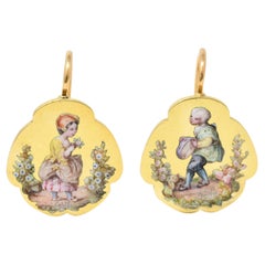 Victorian Painted Enamel 18 Karat Yellow Gold Children Portrait Antique Earrings