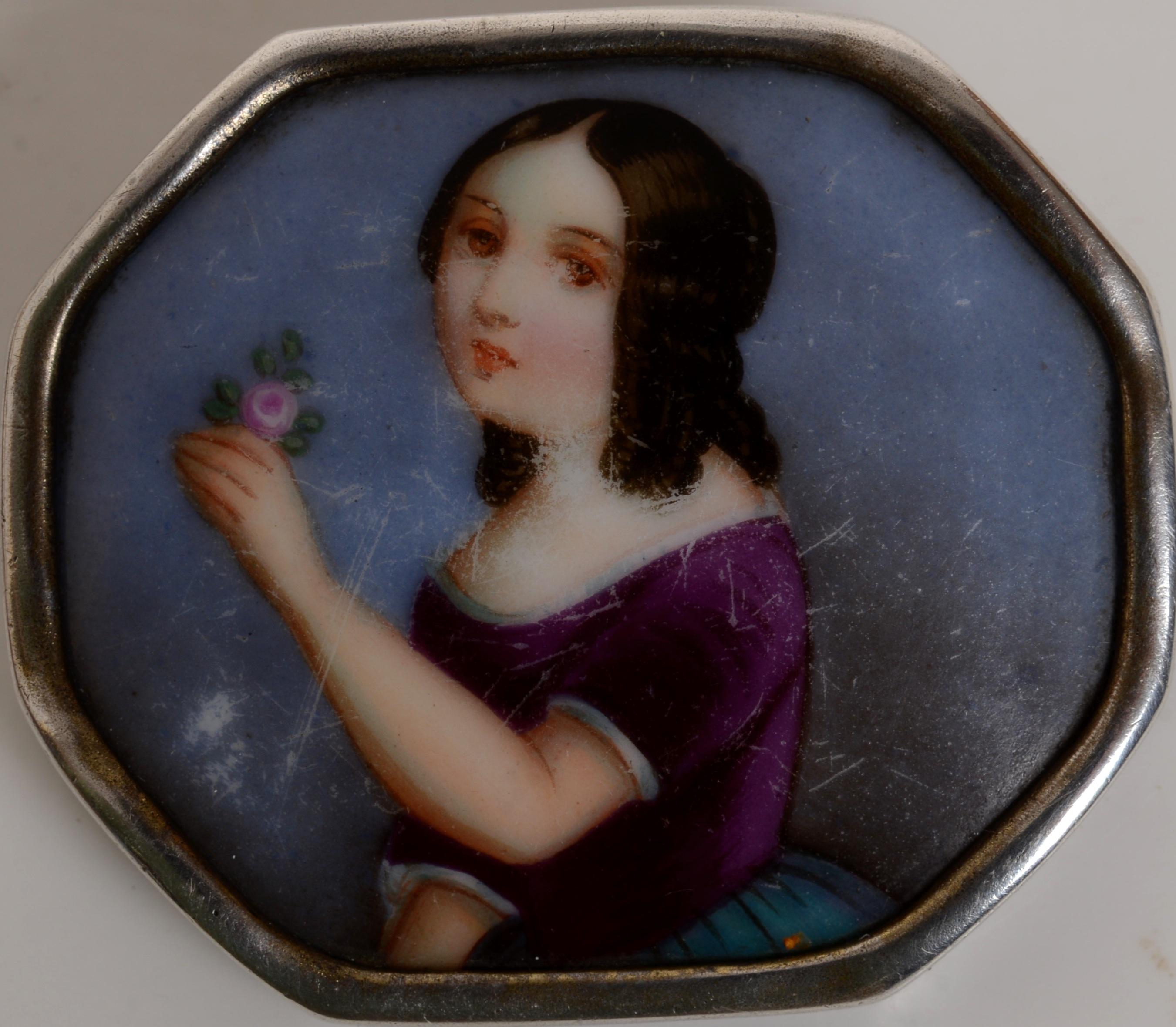 Victorian Painted Enamel and Silver, Octagonal Shaped Brooch, Jenny Lind c1860. Johanna Maria 