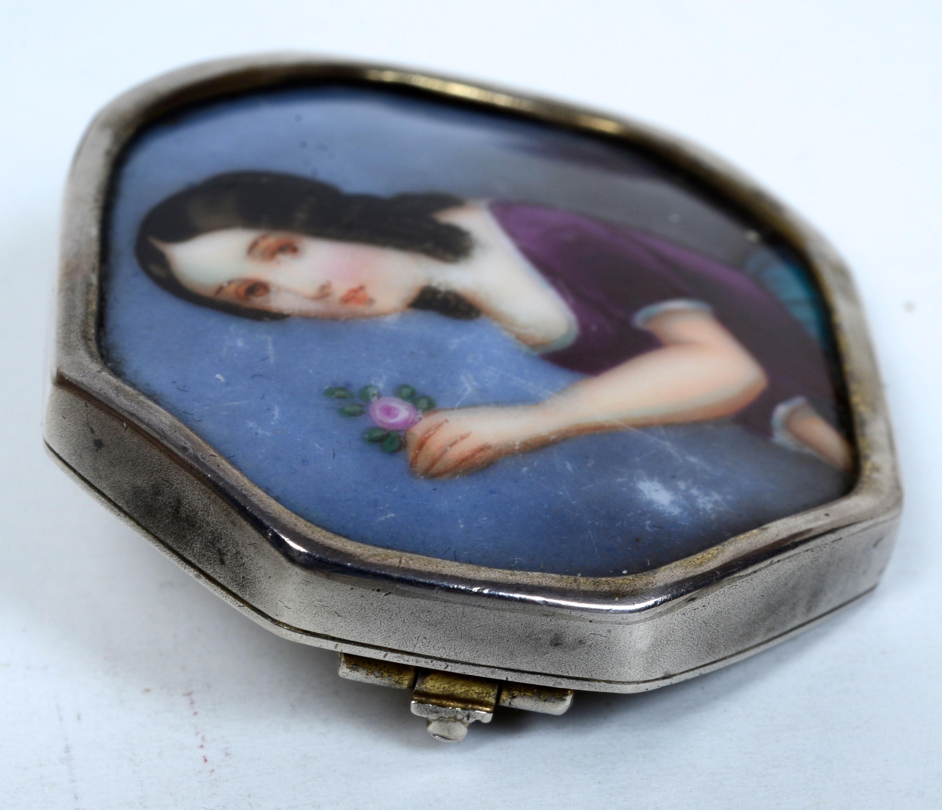 Victorian Painted Enamel and Silver, Octagonal Shaped Brooch, Jenny Lind c1860 For Sale 1