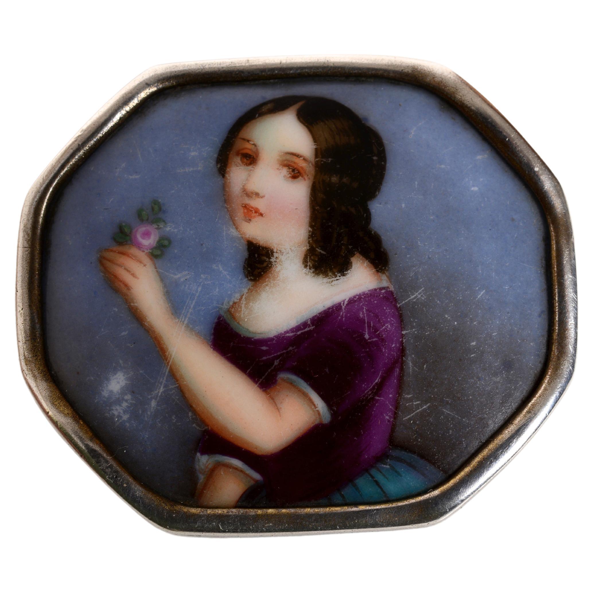 Victorian Painted Enamel and Silver, Octagonal Shaped Brooch, Jenny Lind c1860 For Sale