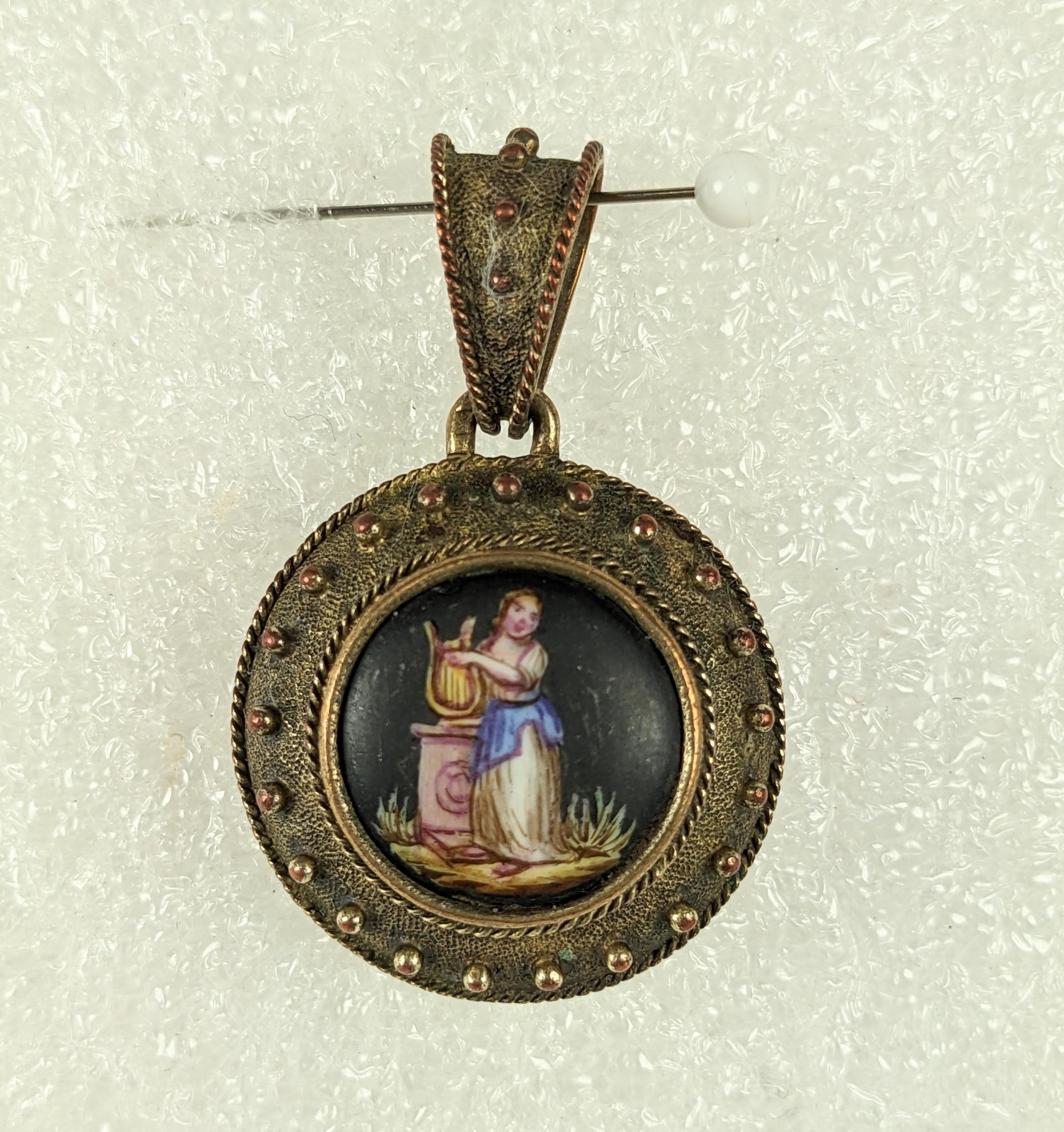 Charming Victorian Painted Etruscan Locket of vermeil silver. Fontenay style painted porcelain motif with maiden holding harp on pedestal. Locket opens in back for storage. 1870's USA. 1.5