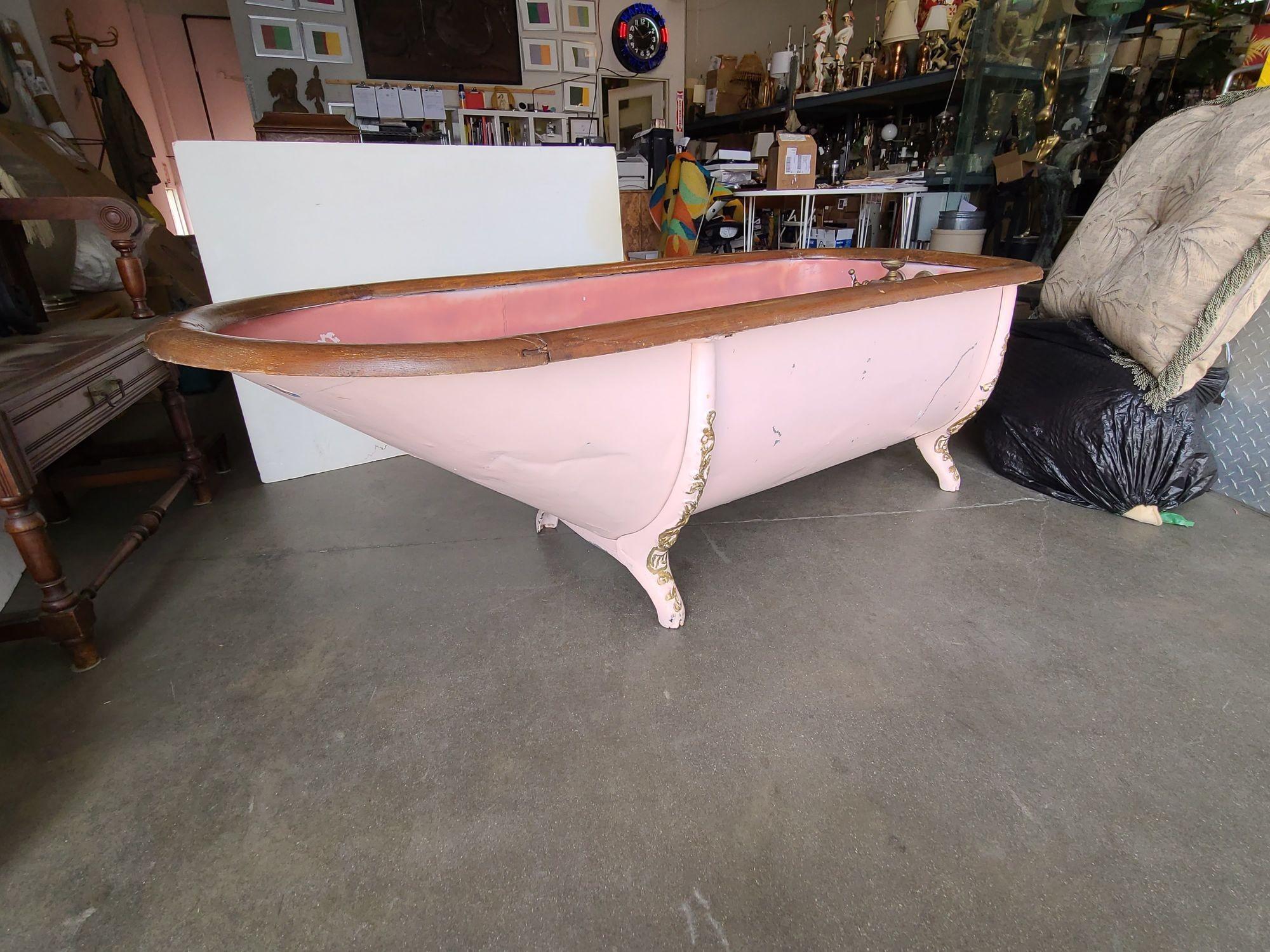 Unrestored Late 1890s Heavy Painted Galvanized Bath Tub with Original Oak Roll RimMost versions like this was very thin & lightweight this version.