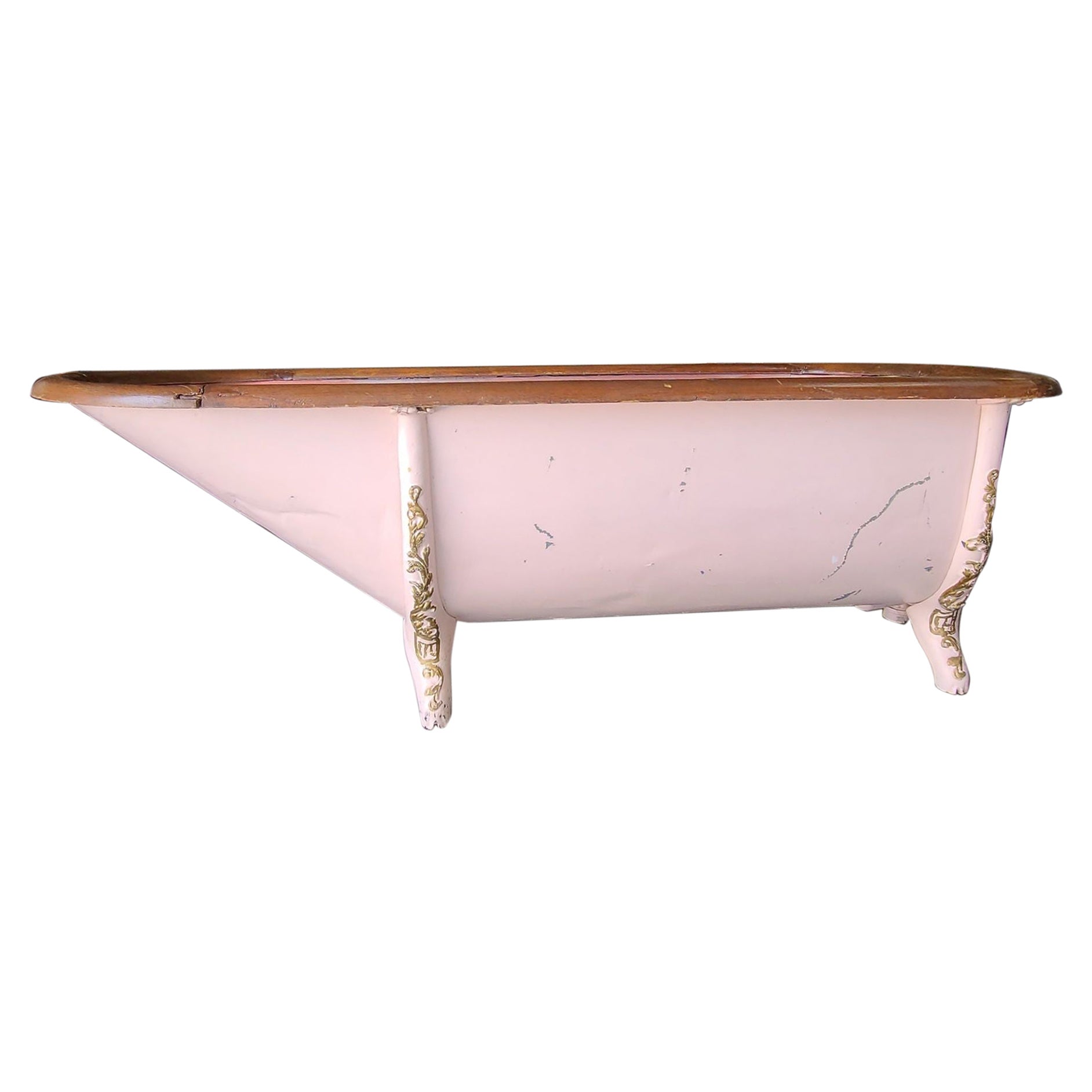 Victorian Painted Galvanized Steel Clawfoot Bathtub w/ Oak Roll Rim, Circa 1890