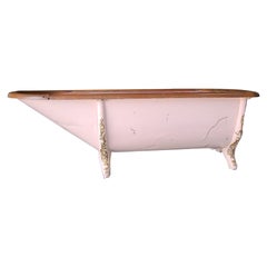 Antique Victorian Painted Galvanized Steel Clawfoot Bathtub w/ Oak Roll Rim, Circa 1890