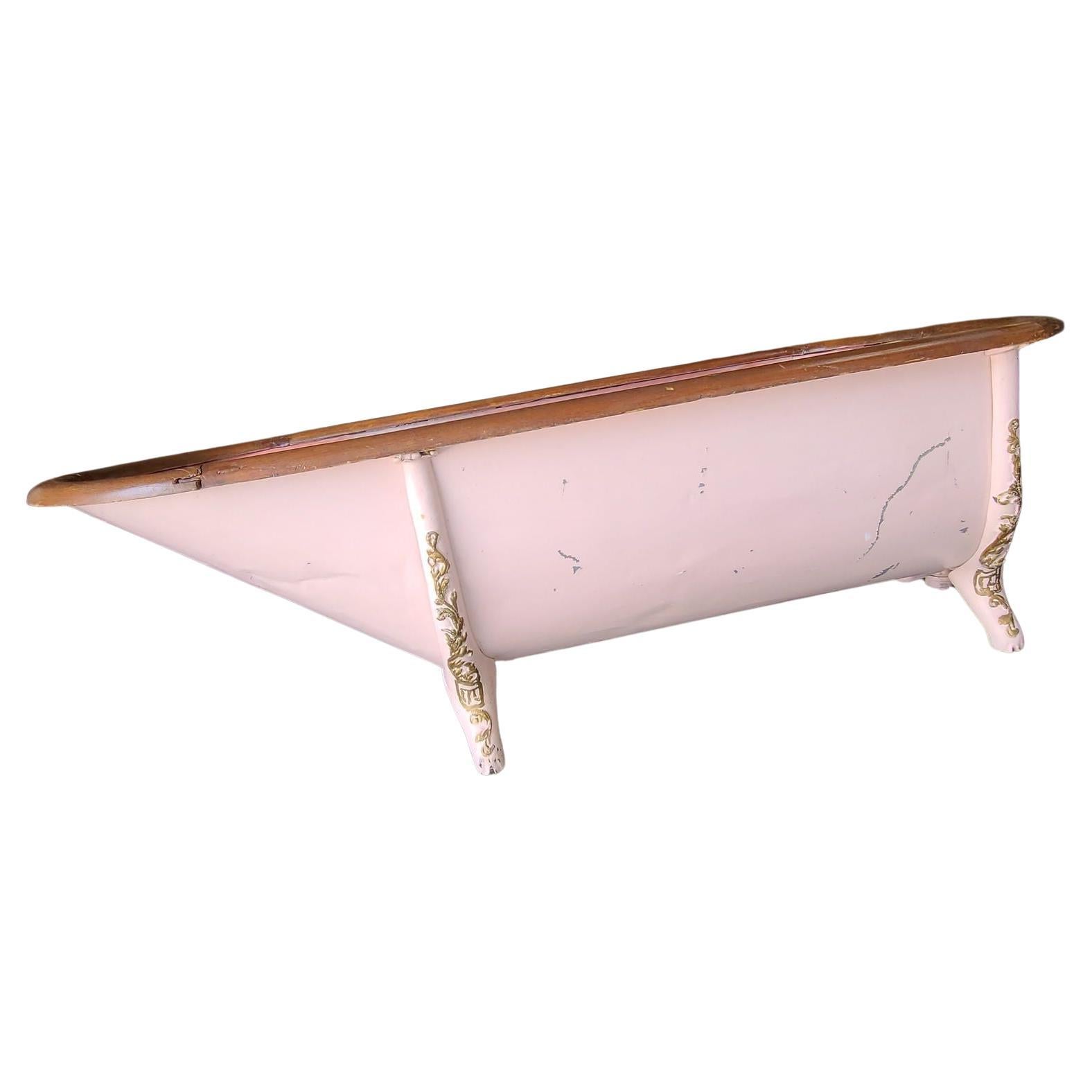 Victorian Painted Galvanized Steel Clawfoot Bathtub w/ Oak Roll Rim, Circa 1890 For Sale