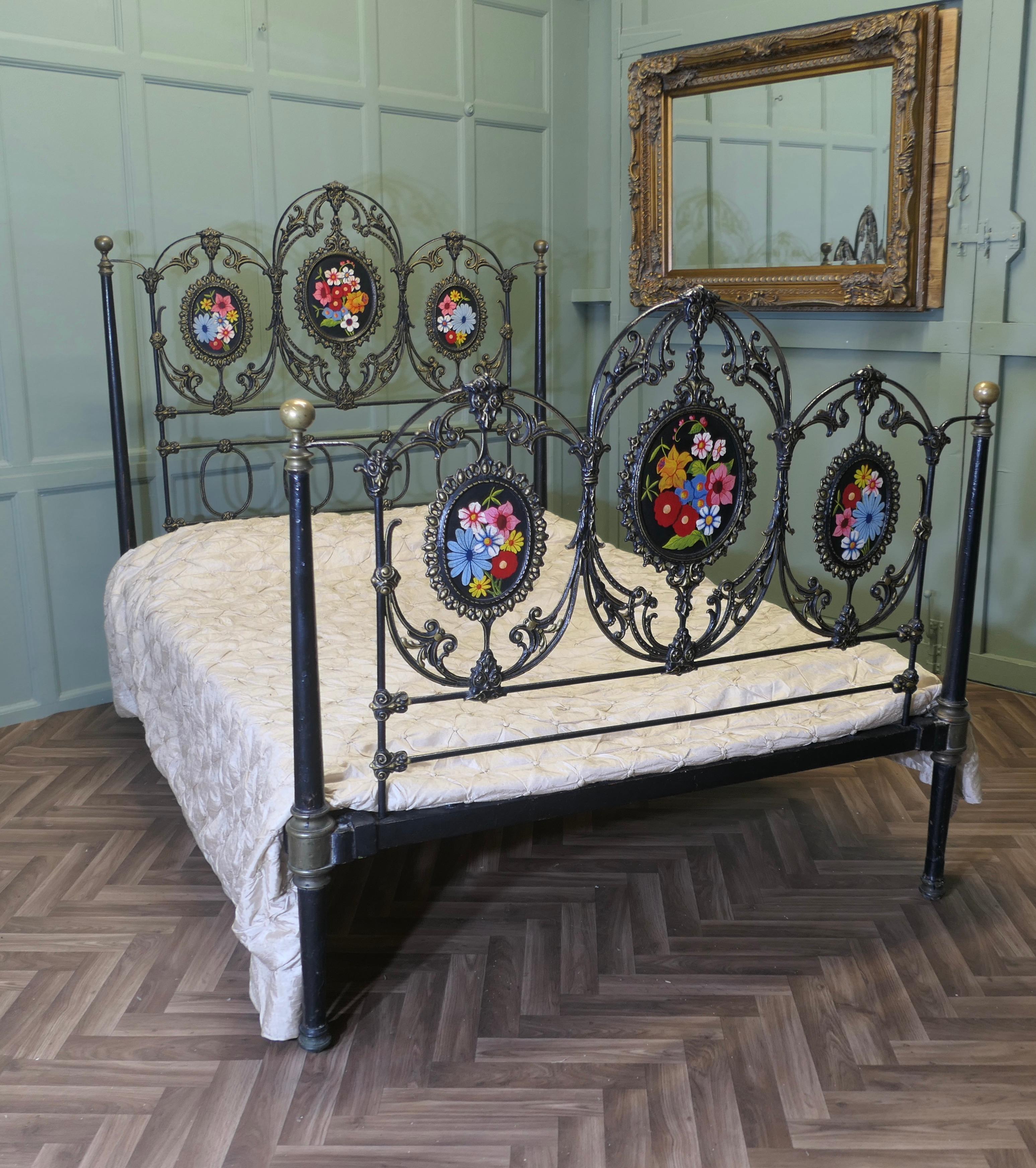 Victorian painted Iron Double Bed
 
This is a unique and very pretty bed, the bed head and foot ends are decorated with flat round panels, these have been hand painted with flowers

All in all a very attractive bed timeless in design it will go very