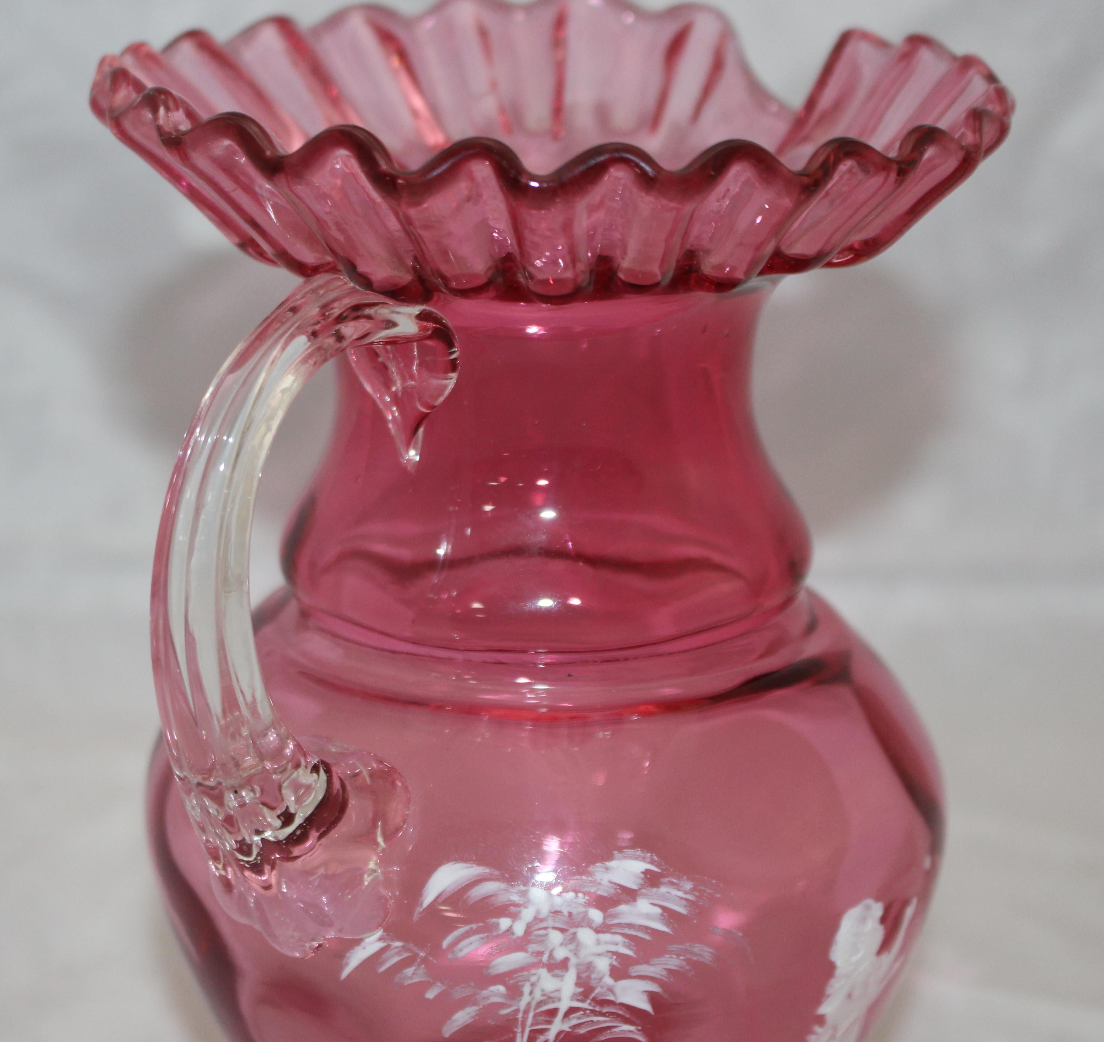 19th Century Victorian Painted Mary Gregory Cranberry Glass Jug For Sale