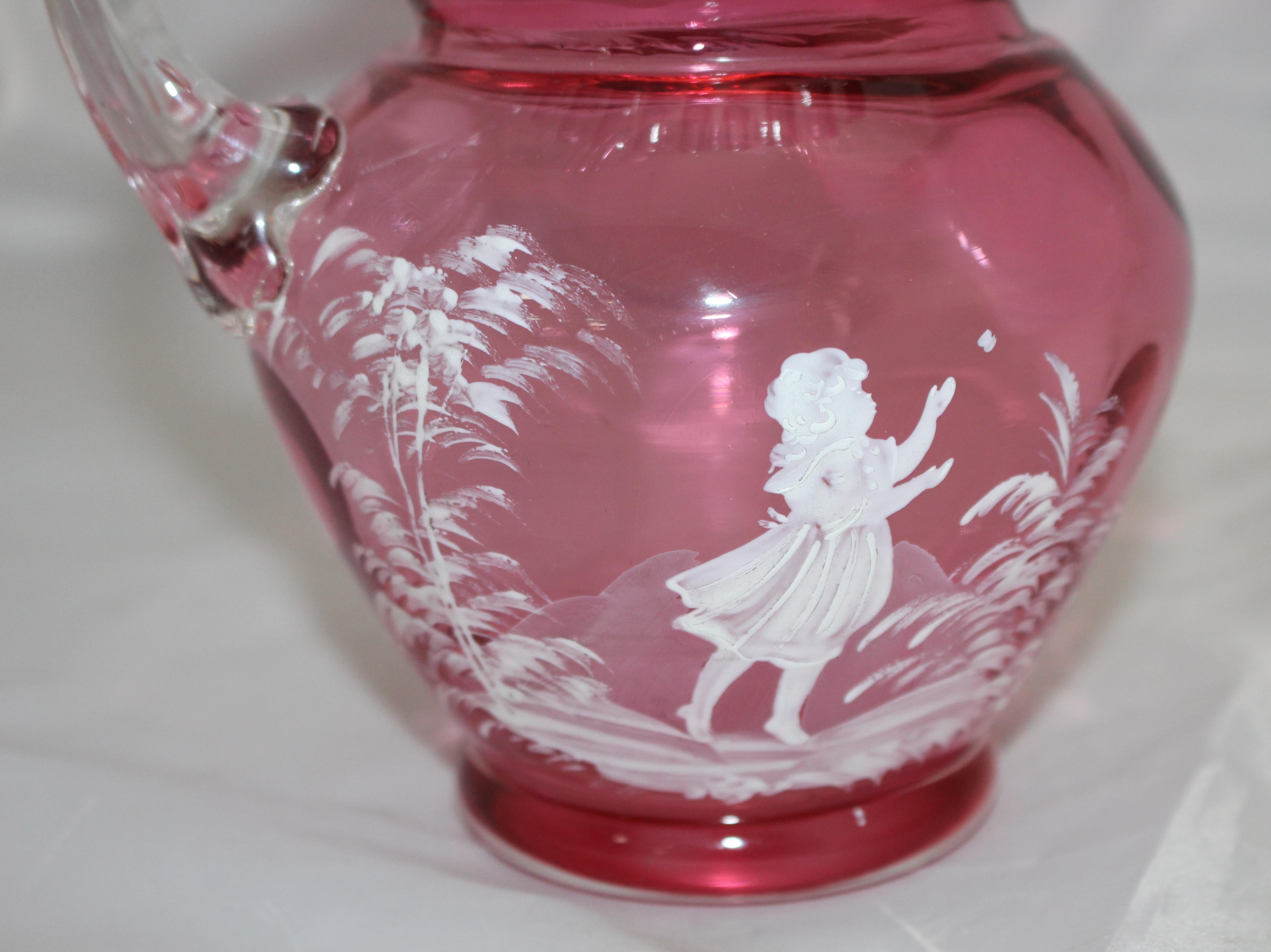 Victorian Painted Mary Gregory Cranberry Glass Jug For Sale 1