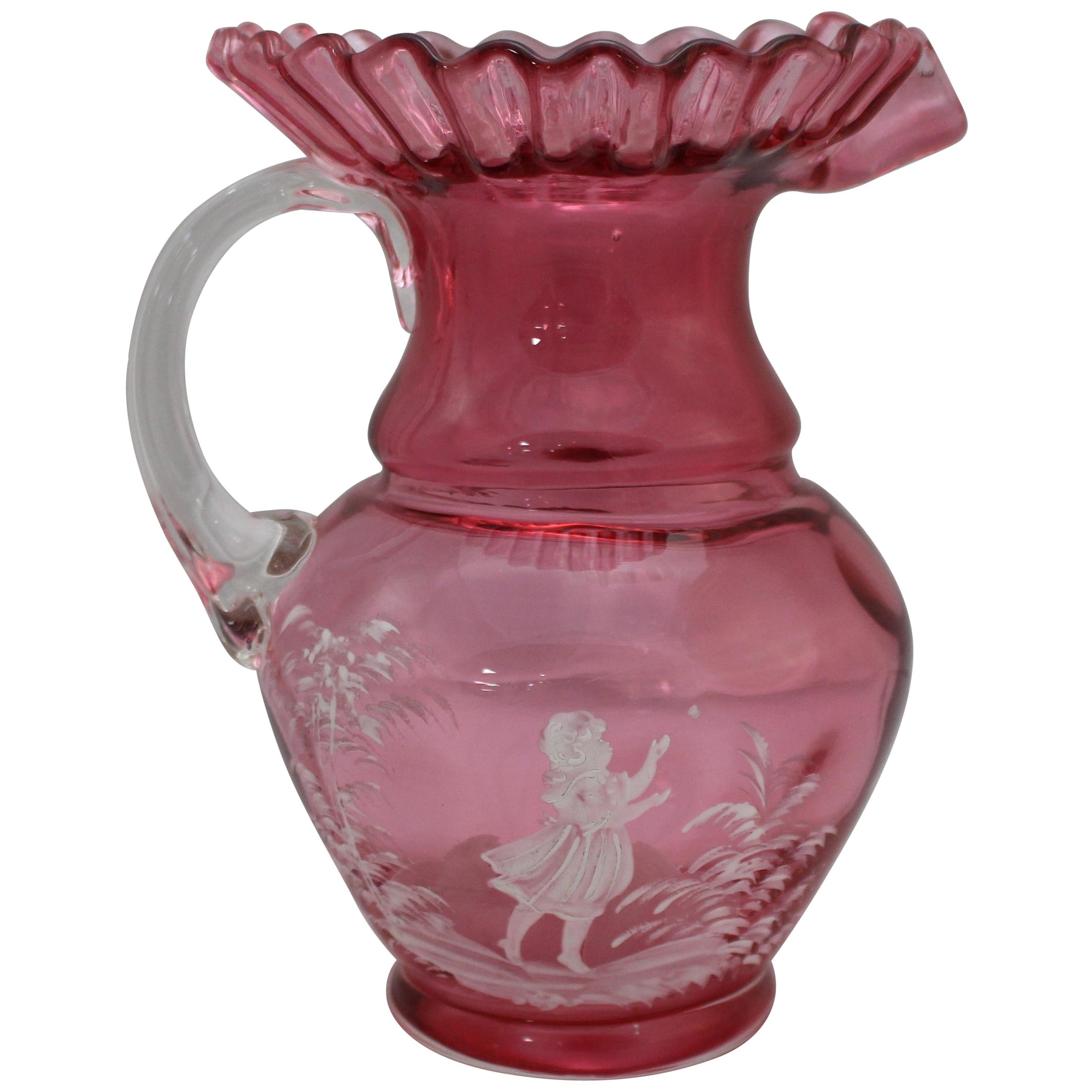 Victorian Painted Mary Gregory Cranberry Glass Jug For Sale