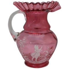 Antique Victorian Painted Mary Gregory Cranberry Glass Jug