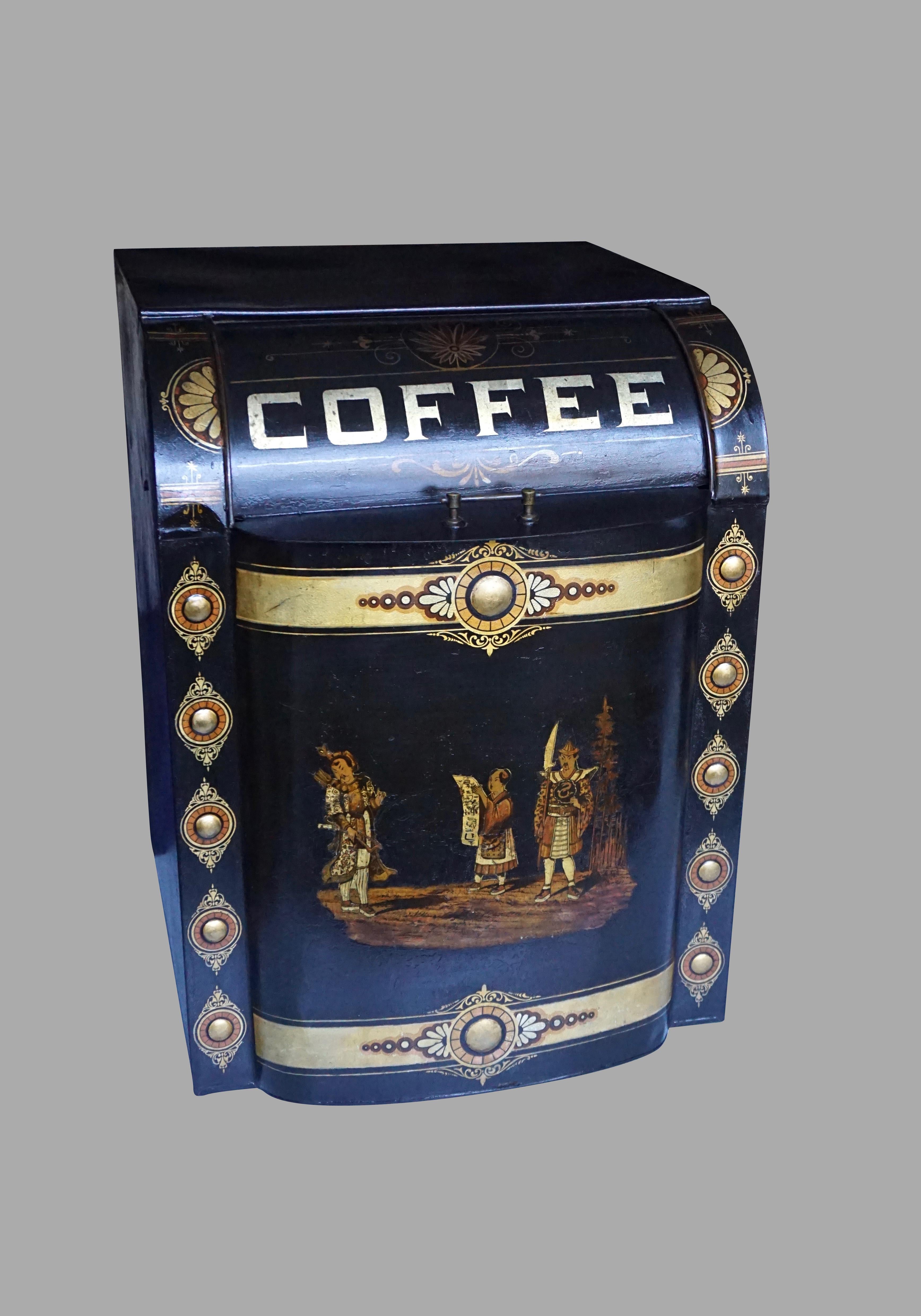 A wonderful Victorian country store counter top painted tole storage tin marked coffee, decorated with a central scene of 3 Asian figures framed by gilt bosses. This piece is large enough to be used as a side table. Restored.
 