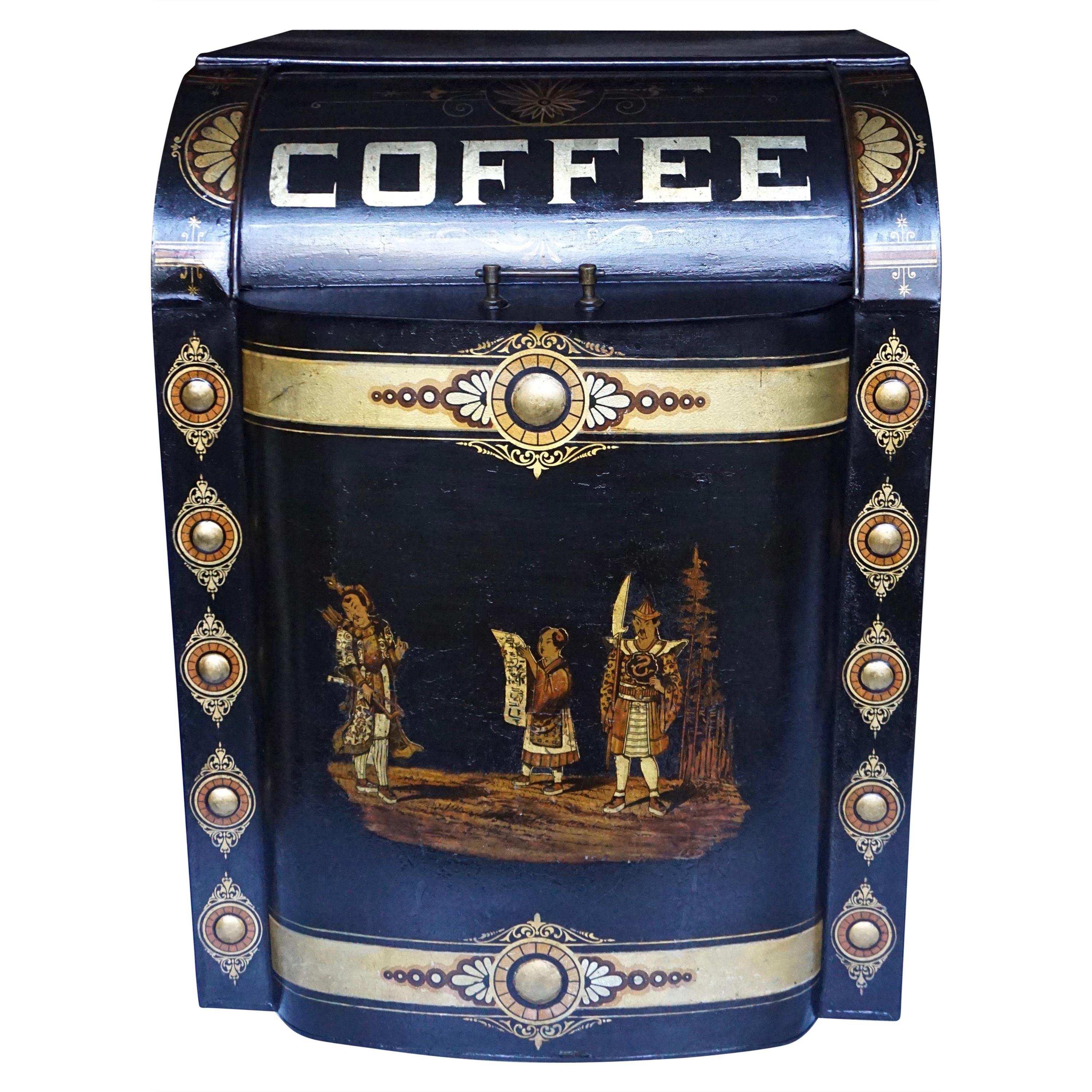 Victorian Painted Metal Storage Tin Marked Coffee