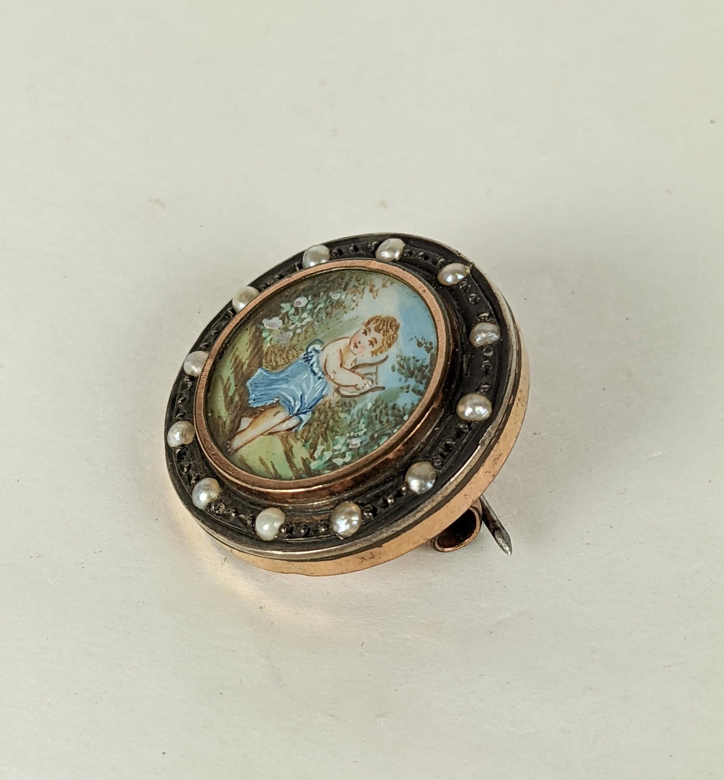 Late Victorian Victorian Painted Miniature Brooch For Sale