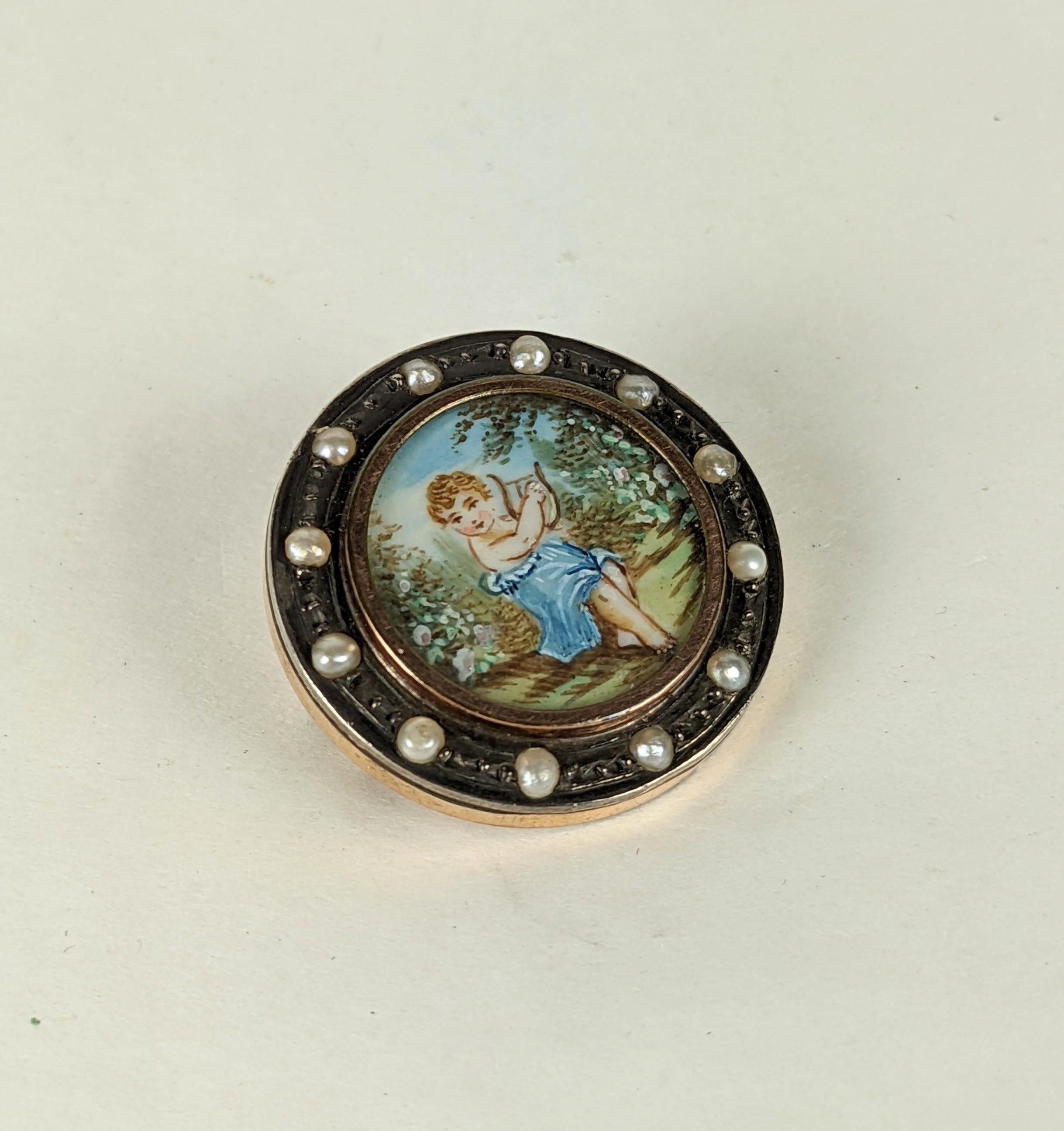 Bead Victorian Painted Miniature Brooch For Sale