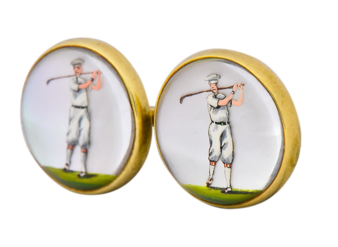 Victorian Painted Reverse Carved Rock Crystal 14 Karat Gold Men's Golf Cufflinks In Excellent Condition In Philadelphia, PA