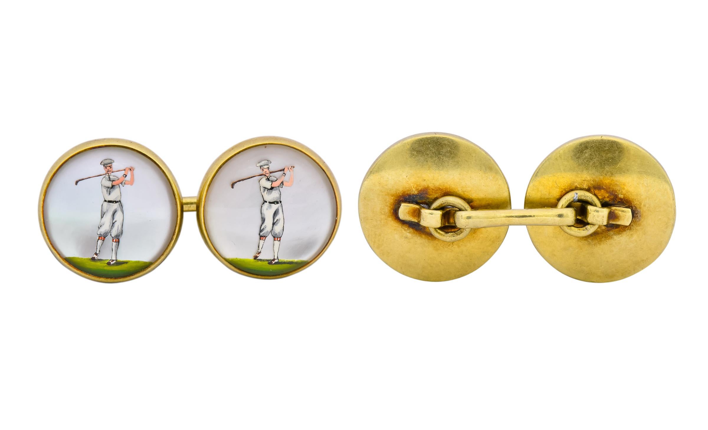 Victorian Painted Reverse Carved Rock Crystal 14 Karat Gold Men's Golf Cufflinks 1