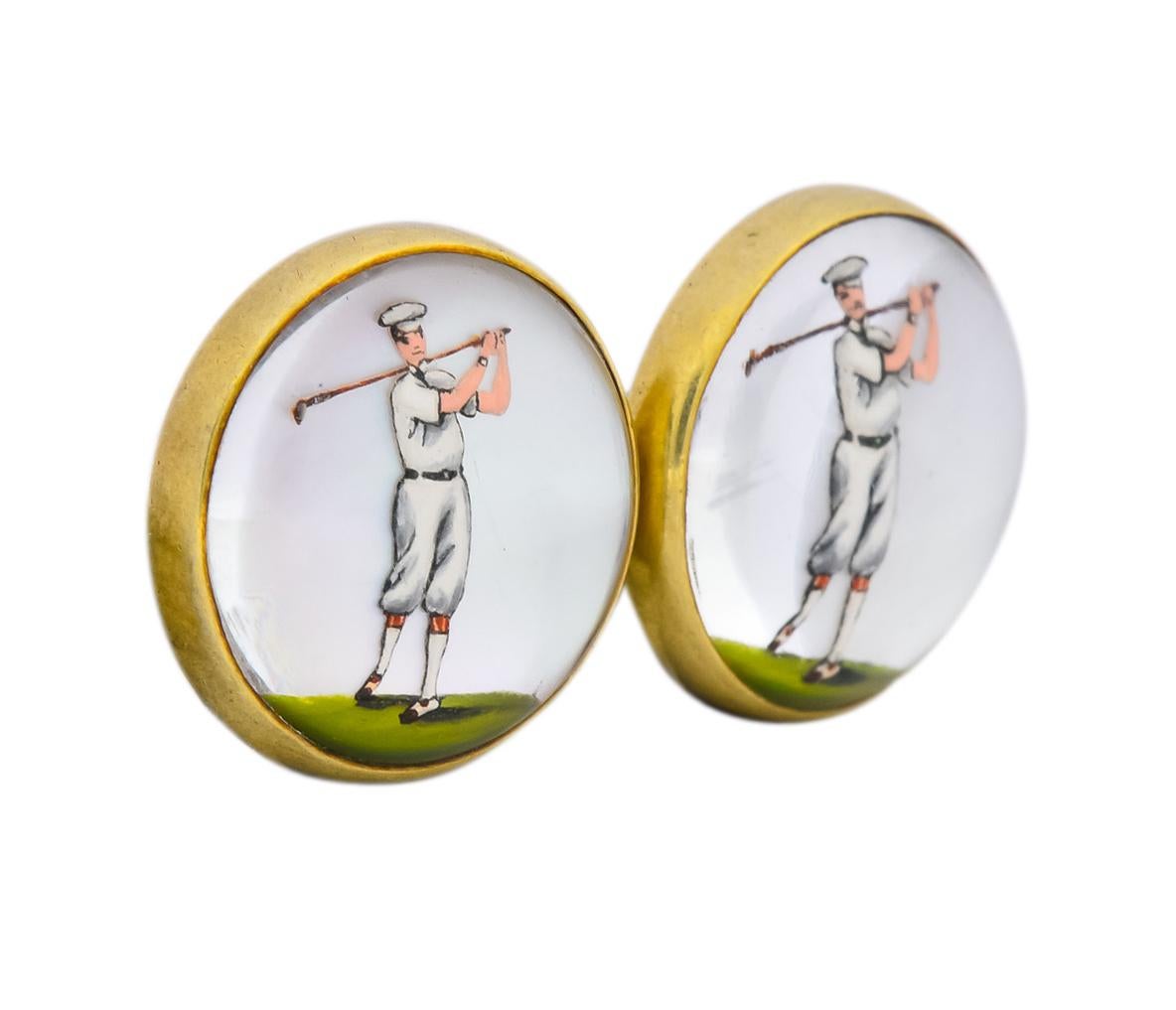 Victorian Painted Reverse Carved Rock Crystal 14 Karat Gold Men's Golf Cufflinks 2