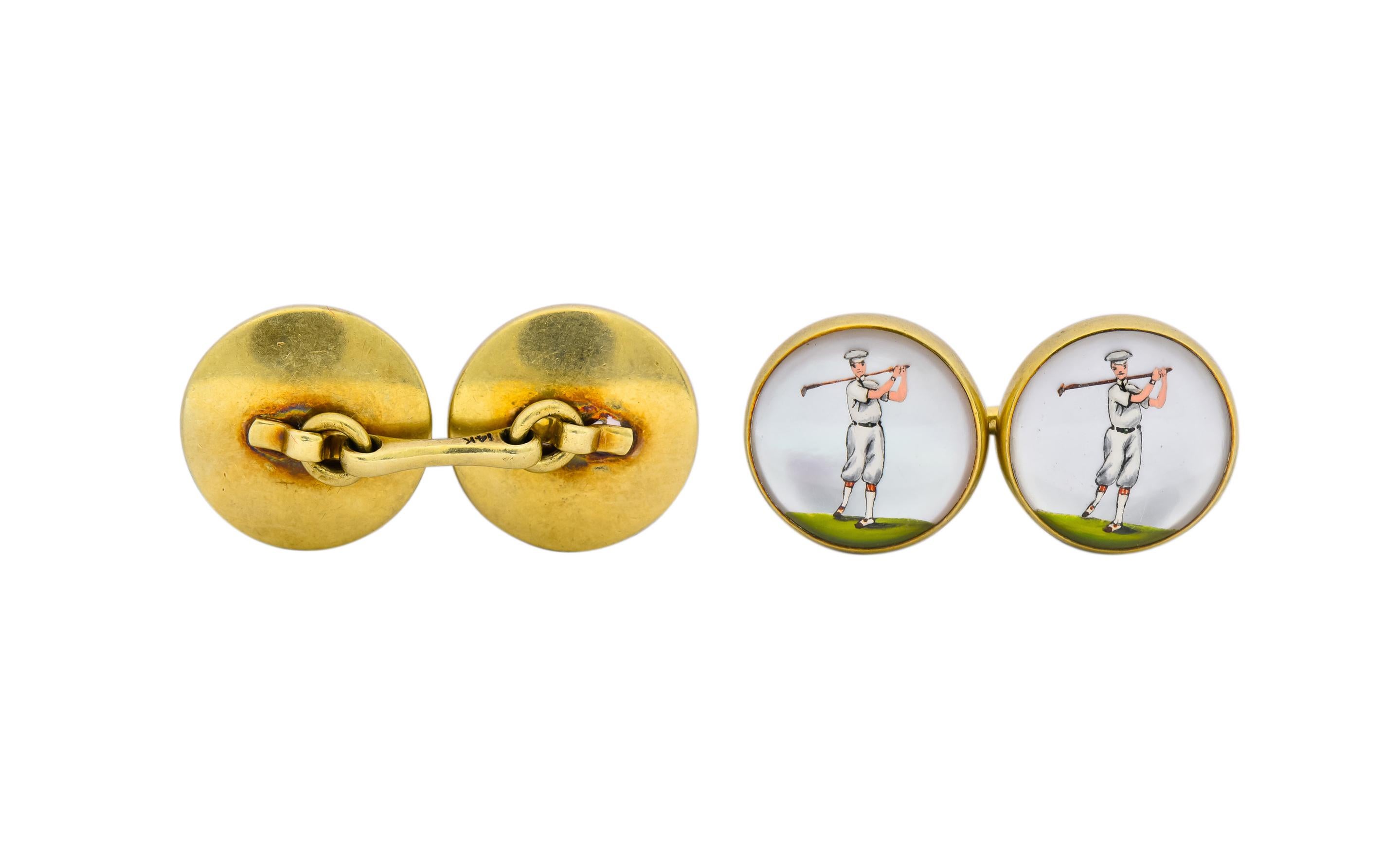 Victorian Painted Reverse Carved Rock Crystal 14 Karat Gold Men's Golf Cufflinks 3