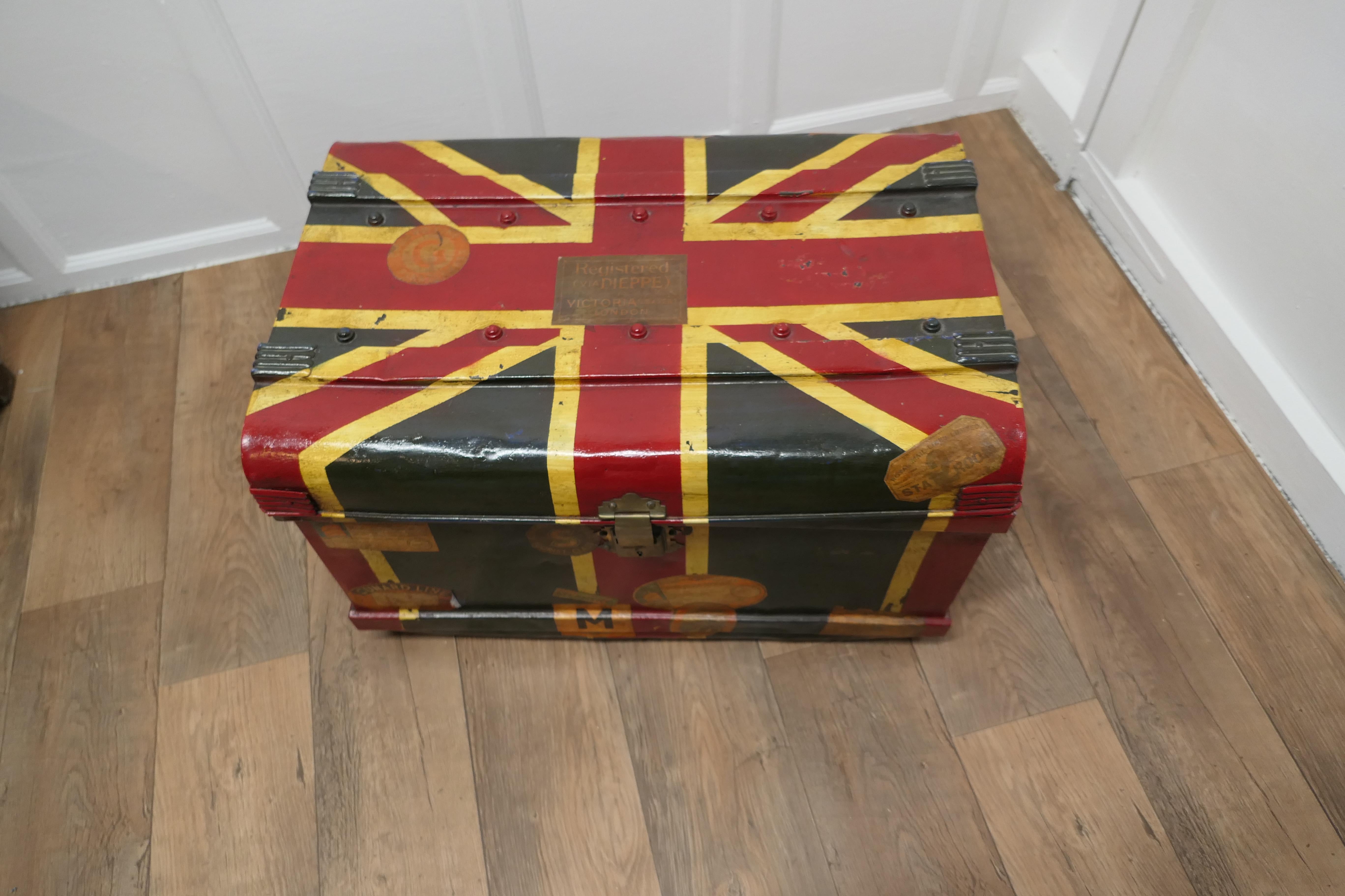 Victorian Painted Tin Trunk, Union Jack

This is a very attractive piece, it is a 19th century tin trunk, it is is in very good condition, it is hand painted outside with a large Union Jack and has original travel labels

The interior is clean