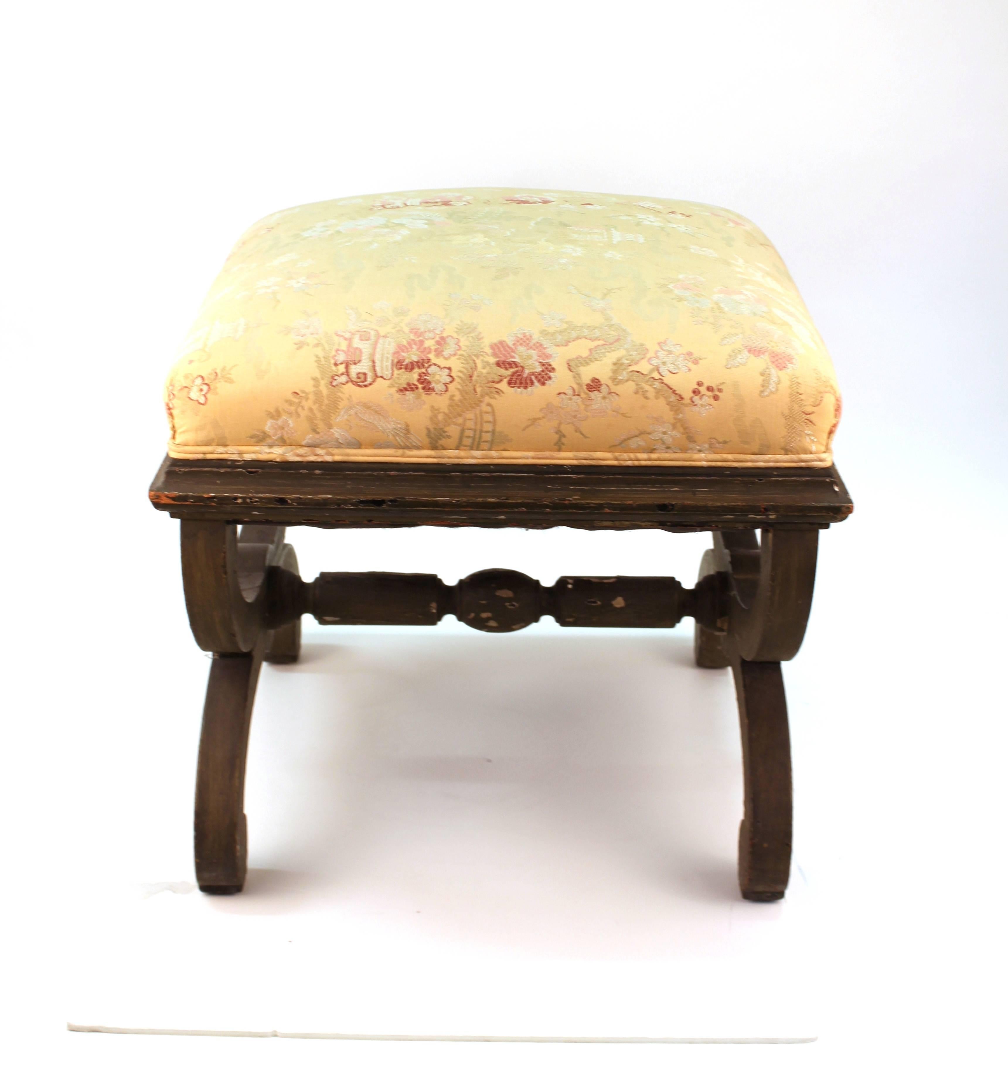 19th Century Victorian Painted Wood Stools in Gray with Asian Style Textile Upholstery