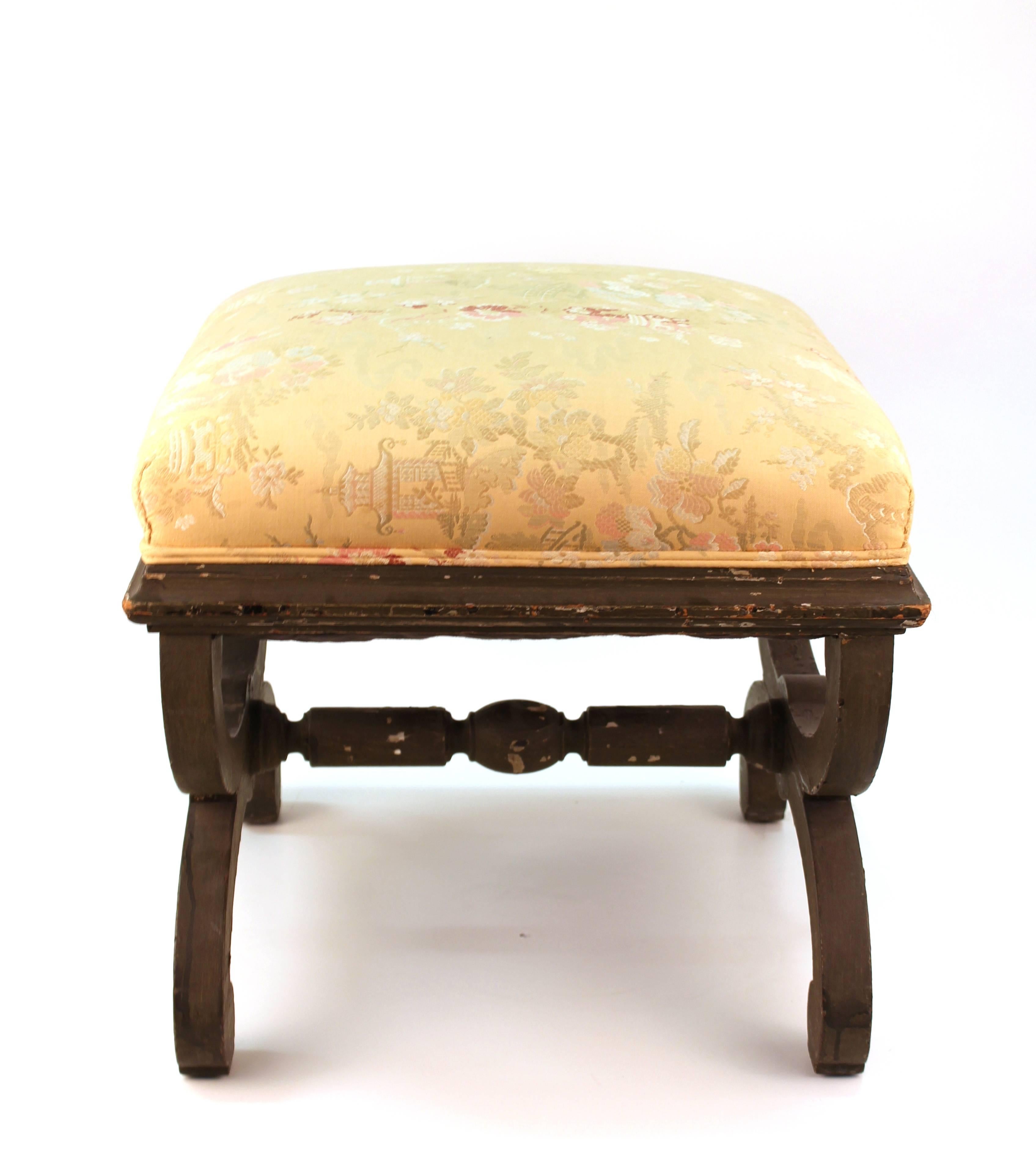 Victorian Painted Wood Stools in Gray with Asian Style Textile Upholstery 2