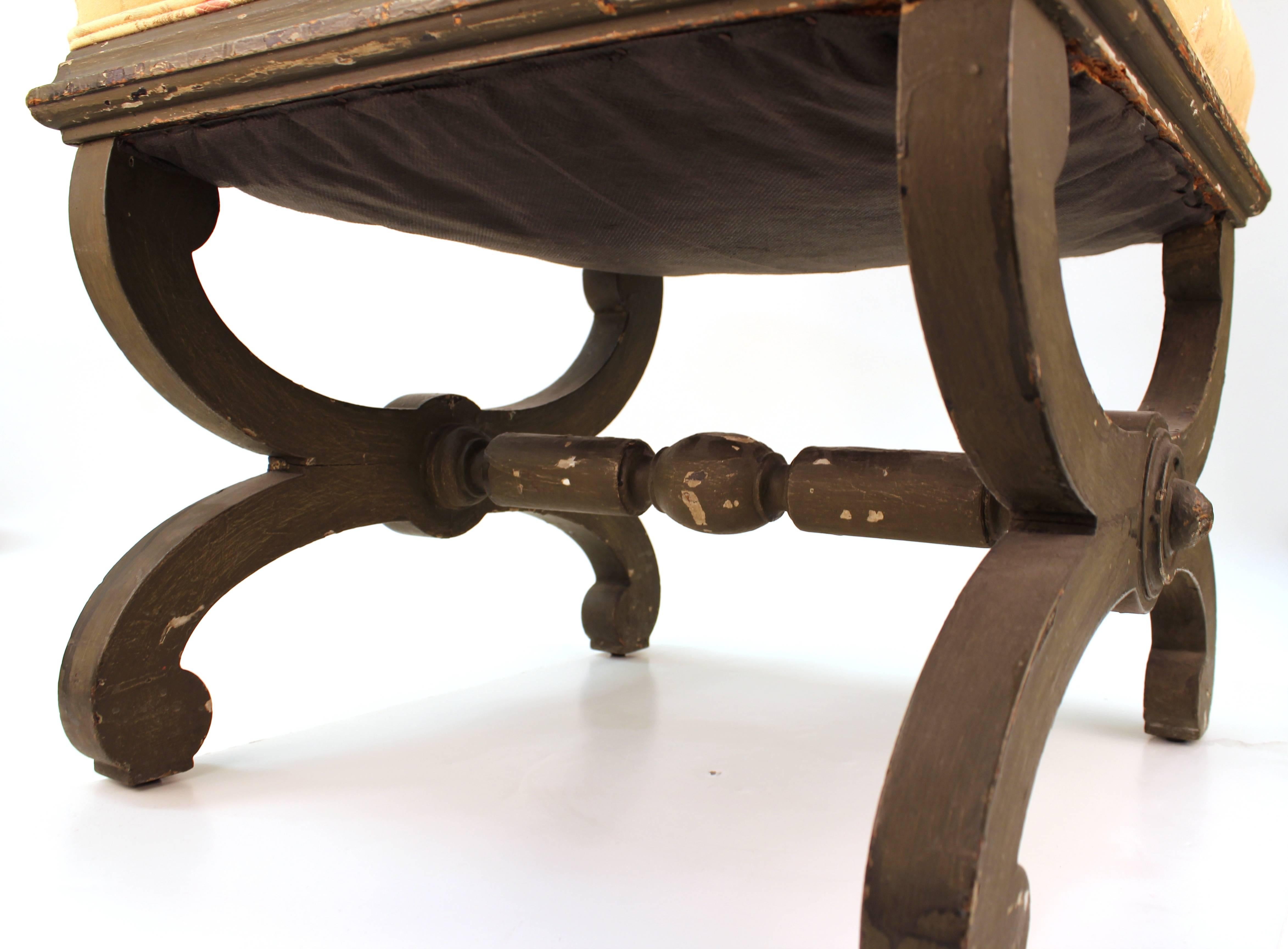 Victorian Painted Wood Stools in Gray with Asian Style Textile Upholstery 5