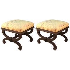 Victorian Painted Wood Stools in Gray with Asian Style Textile Upholstery