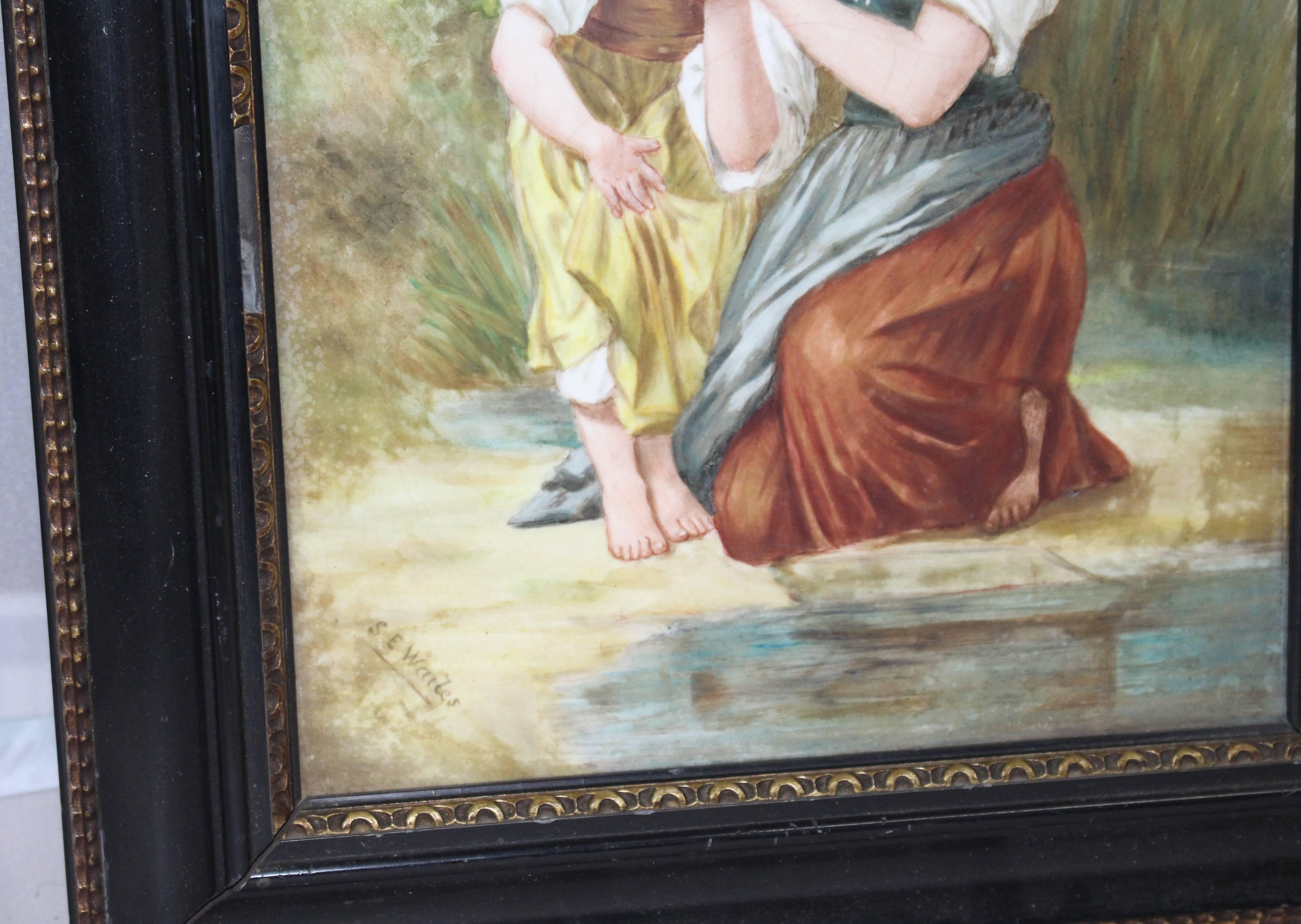Victorian Painting on Porcelain Set in Ebonized Gilt Frame In Good Condition For Sale In Worcester, Worcestershire
